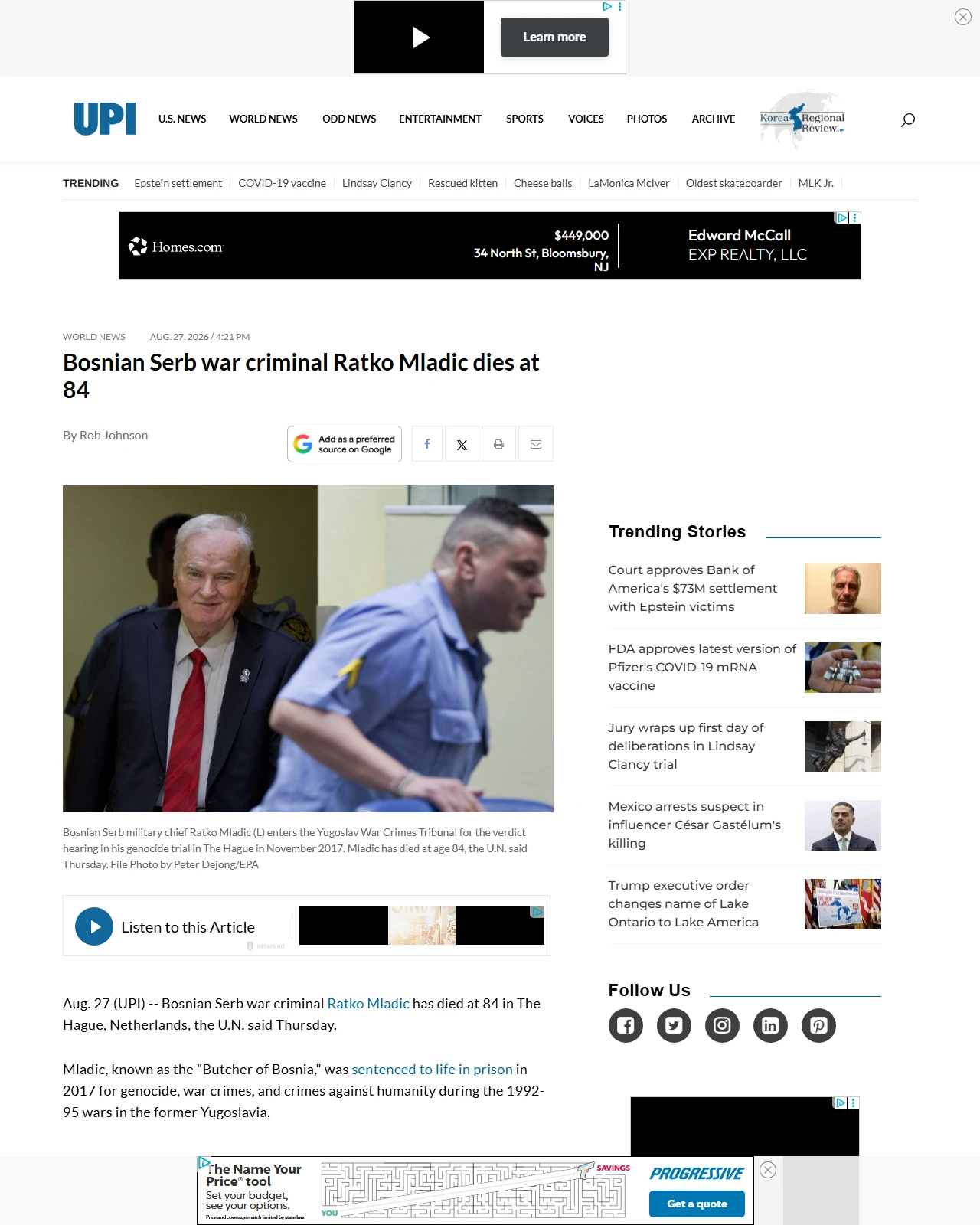 upi.com as published: Bosnian Serb war criminal Ratko Mladic dies at 84
