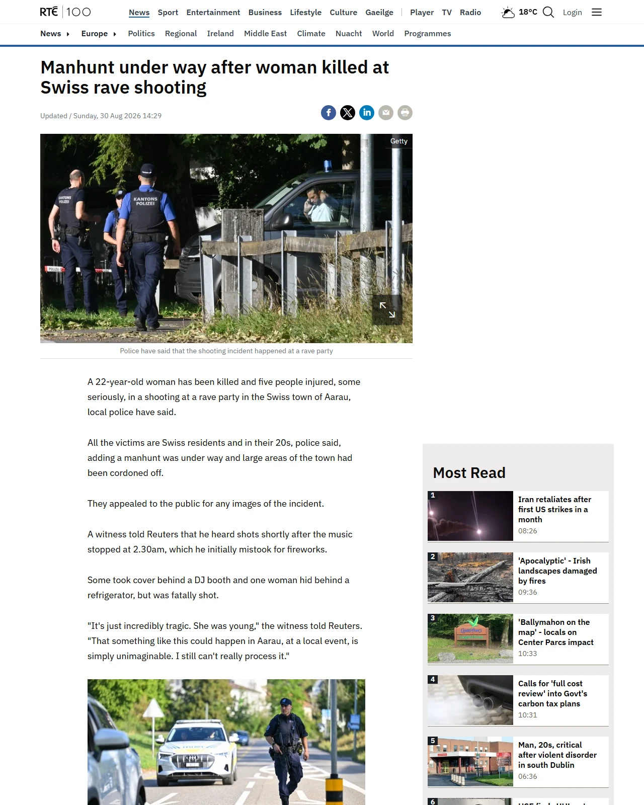 rte.ie as published: Manhunt under way after woman dies at Swiss rave shooting