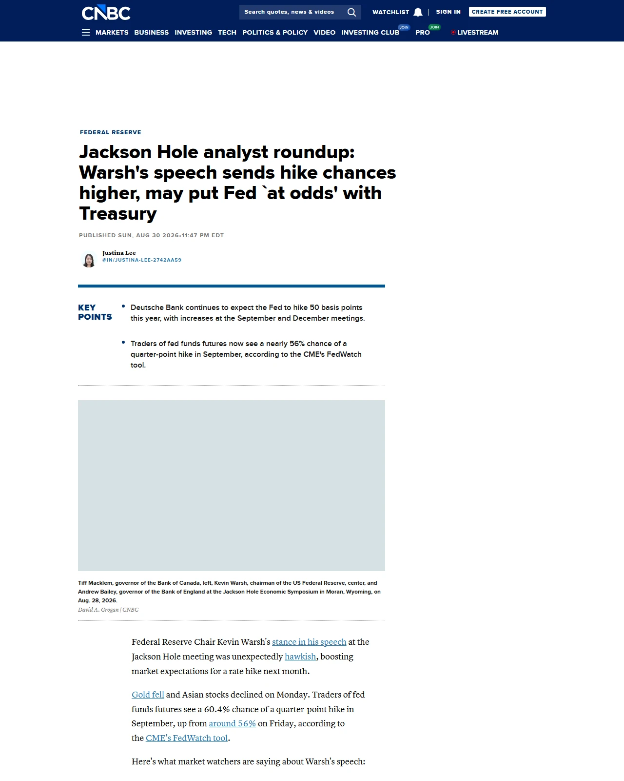 cnbc.com as published: Jackson Hole analyst roundup: Warsh's speech sends hike chances higher, may put Fed `at odds' with Treasury