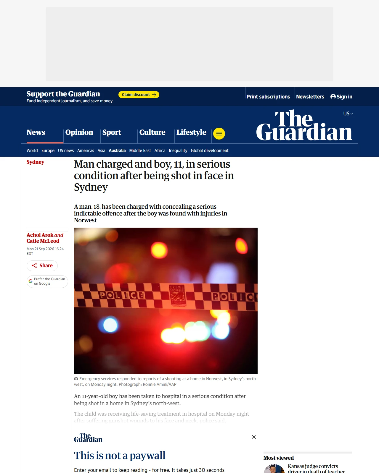 theguardian.com as published: Man charged and boy, 11, in serious condition after being shot in face in Sydney