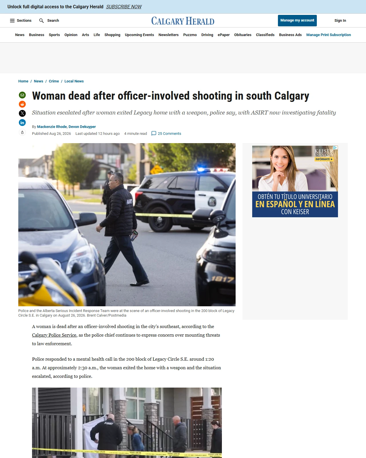 calgaryherald.com as published: Woman dead after officer-involved shooting in south Calgary