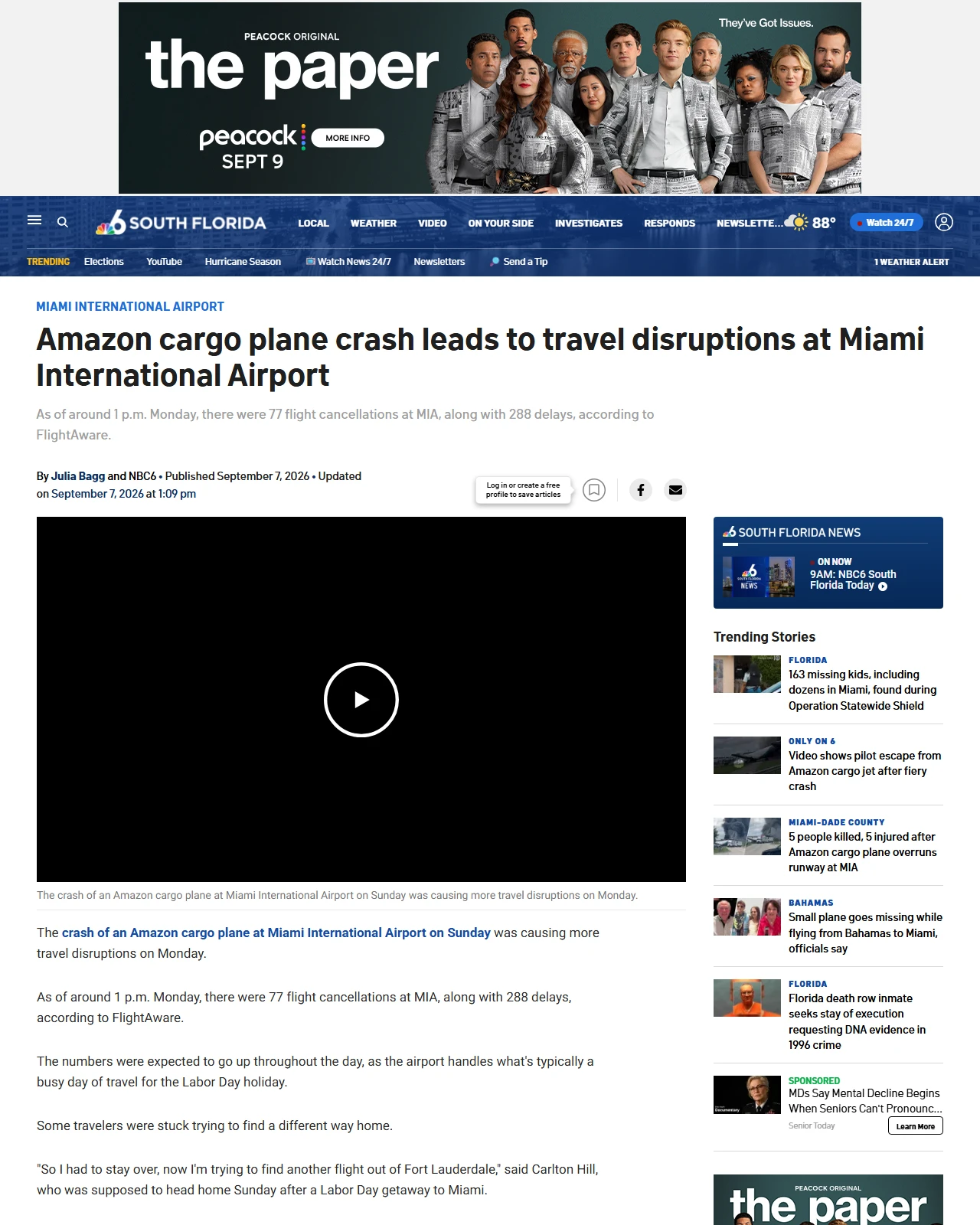 nbcmiami.com as published: Amazon cargo plane crash leads to travel disruptions at Miami International Airport