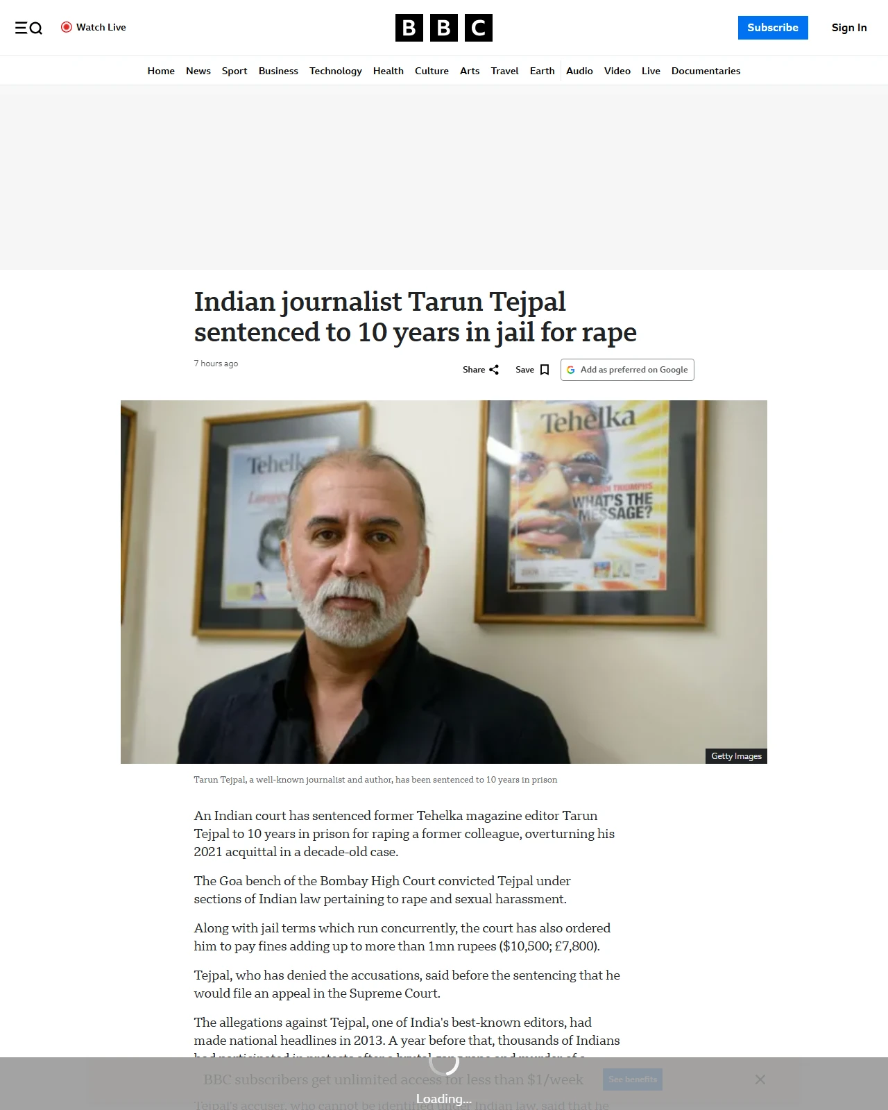 bbc.co.uk as published: Indian journalist Tarun Tejpal sentenced to 10 years in jail for rape
