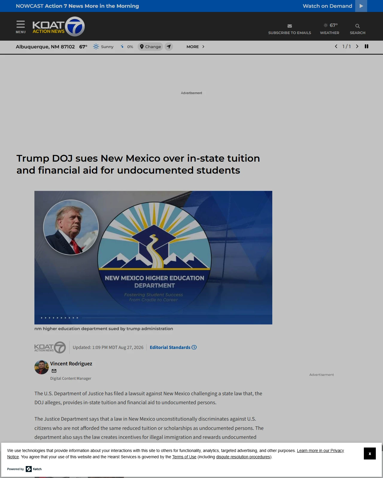 koat.com as published: Trump DOJ sues New Mexico over in-state tuition and financial aid for undocumented students