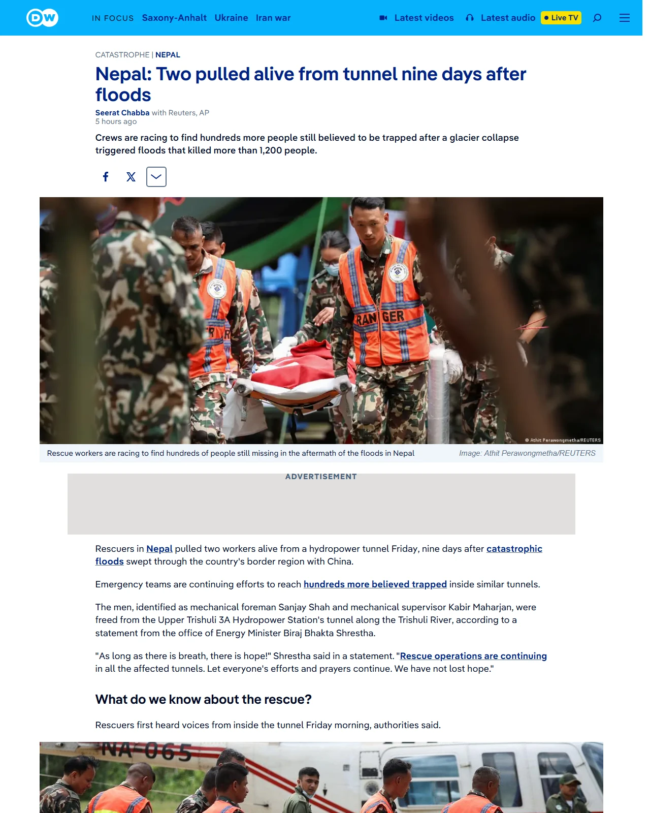 dw.com as published: Nepal: Two pulled alive from tunnel nine days after floods