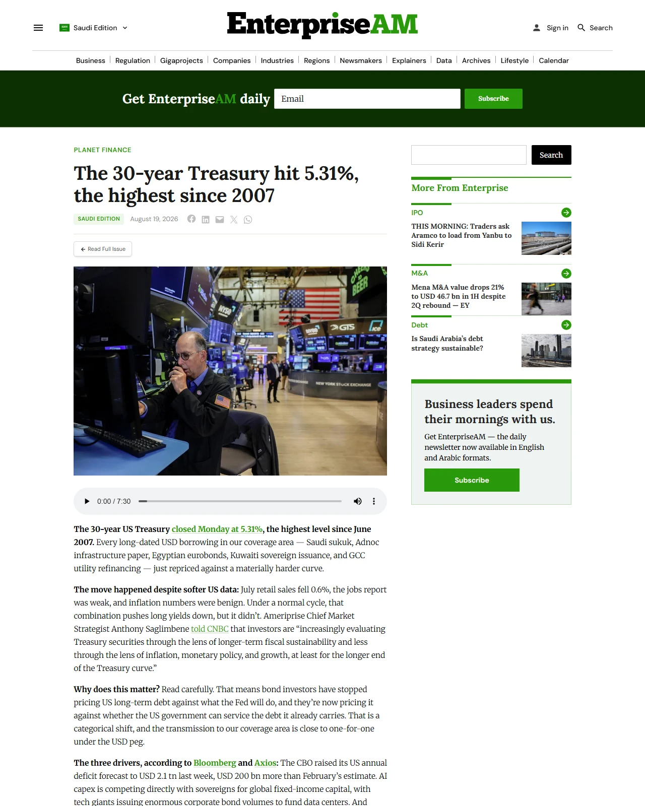 enterpriseam.com as published: The 30-year Treasury hit 5.31%, the highest since 2007