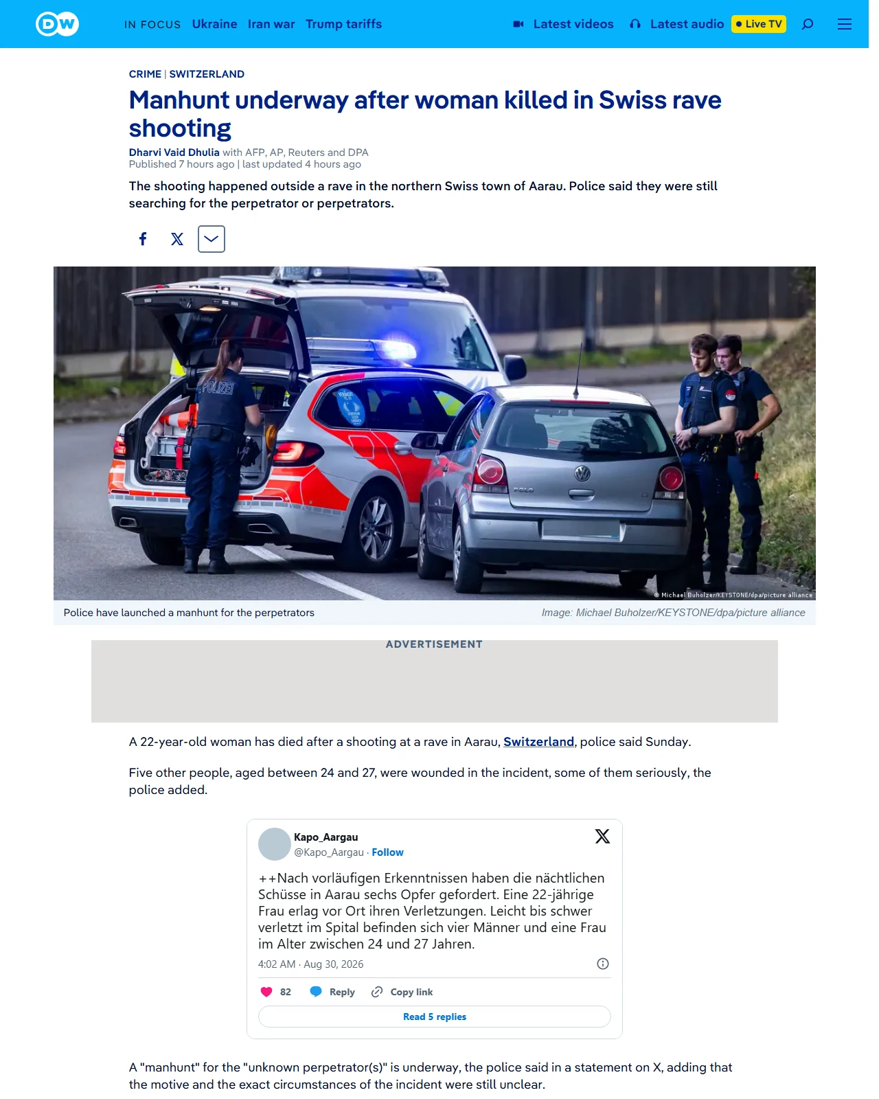 dw.com as published: Manhunt underway after woman killed in Swiss rave shooting