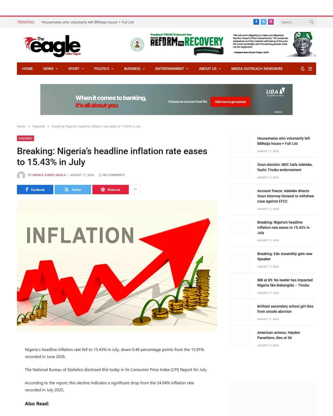 theeagleonline.com.ng as published: Breaking: Nigeria’s headline inflation rate eases to 15.43% in July |