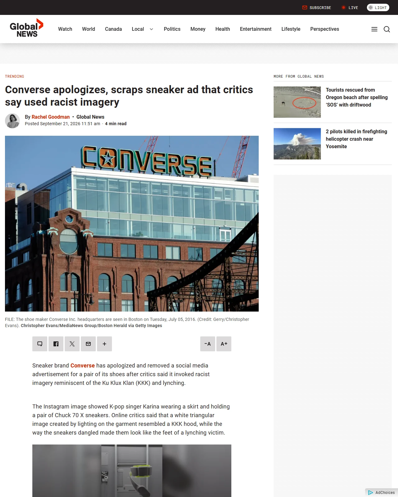 globalnews.ca as published: Converse apologizes, scraps sneaker ad that critics say used racist imagery