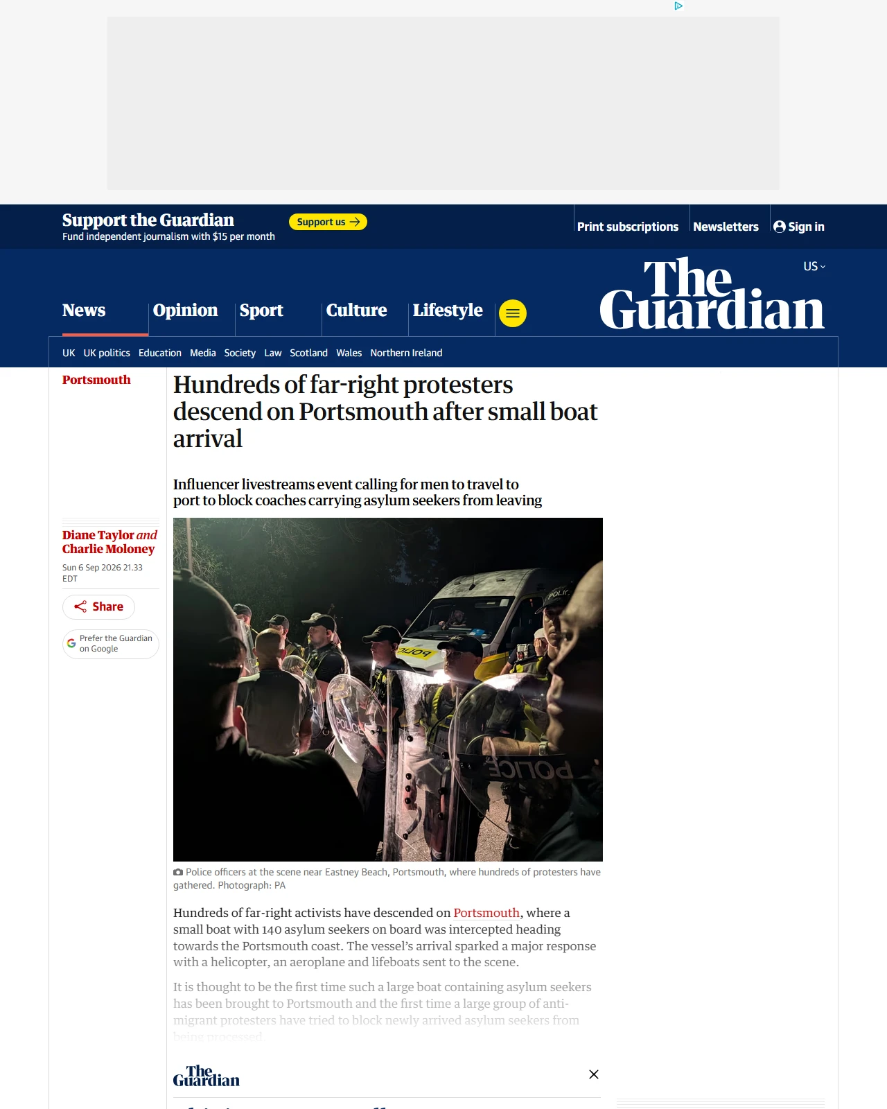 theguardian.com as published: Hundreds of far-right protesters descend on Portsmouth after small boat arrival
