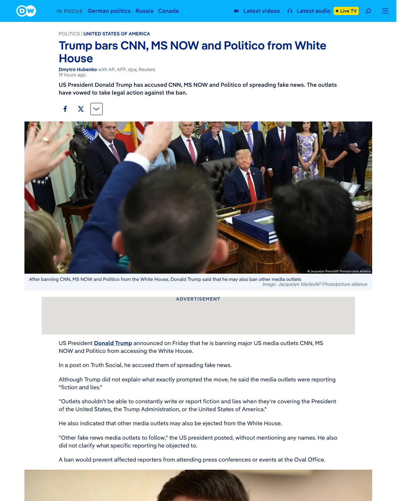 dw.com as published: Trump bars CNN, MS NOW and Politico from White House