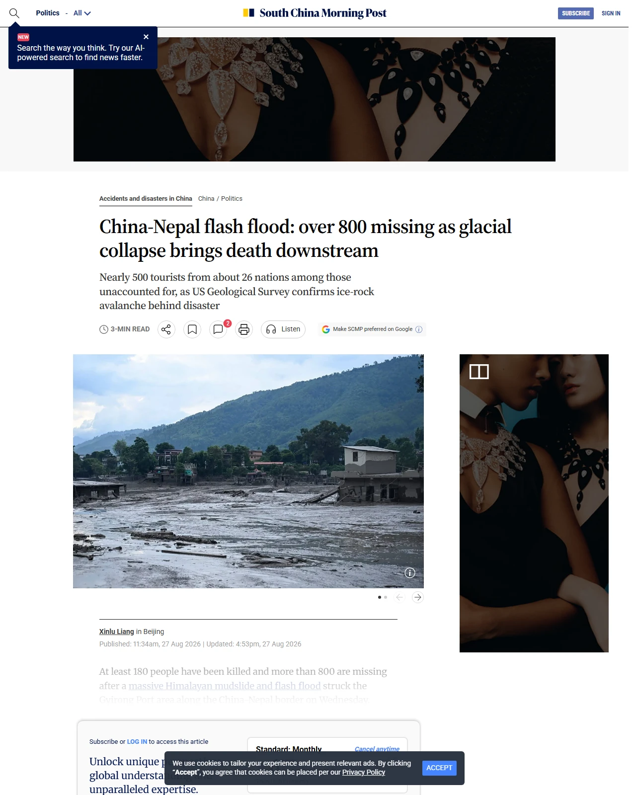 scmp.com as published: China-Nepal flash flood: over 800 missing as glacial collapse brings death downstream