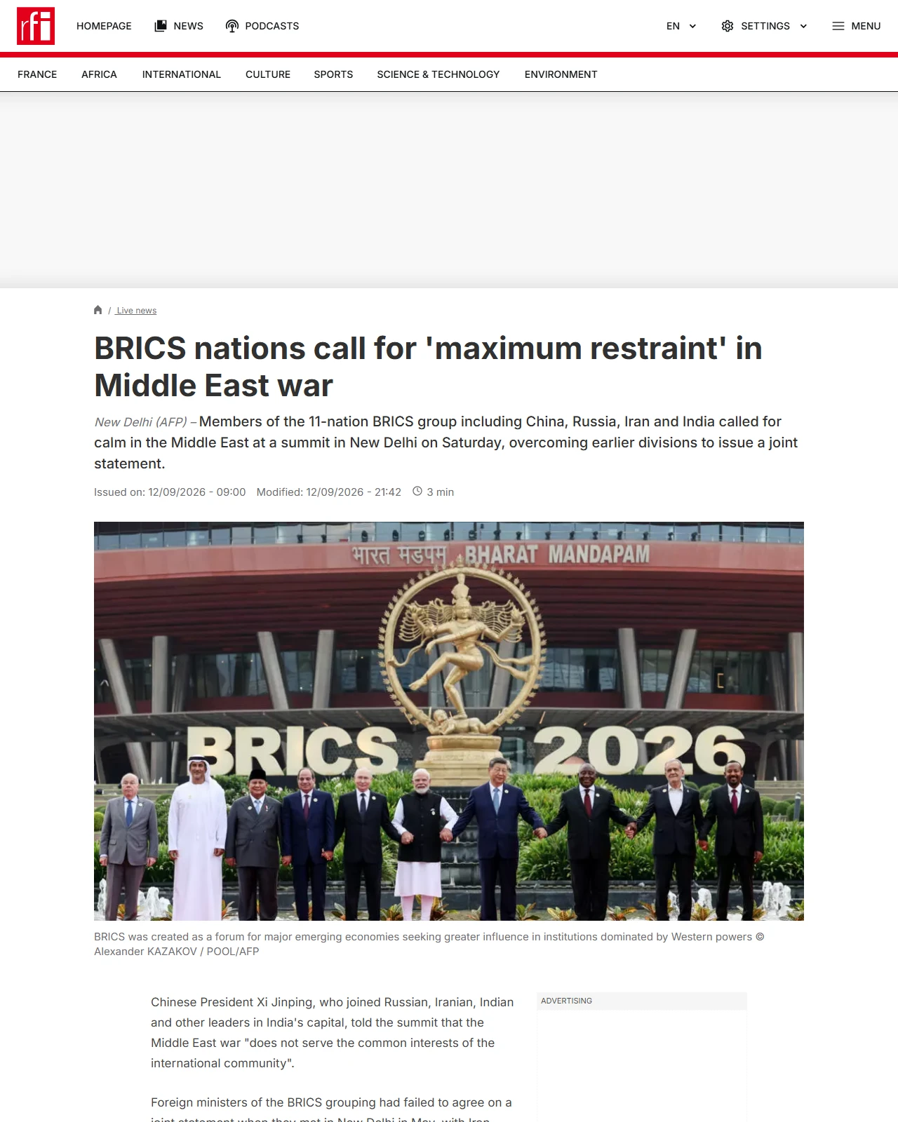 rfi.fr as published: BRICS nations call for 'maximum restraint' in Middle East war