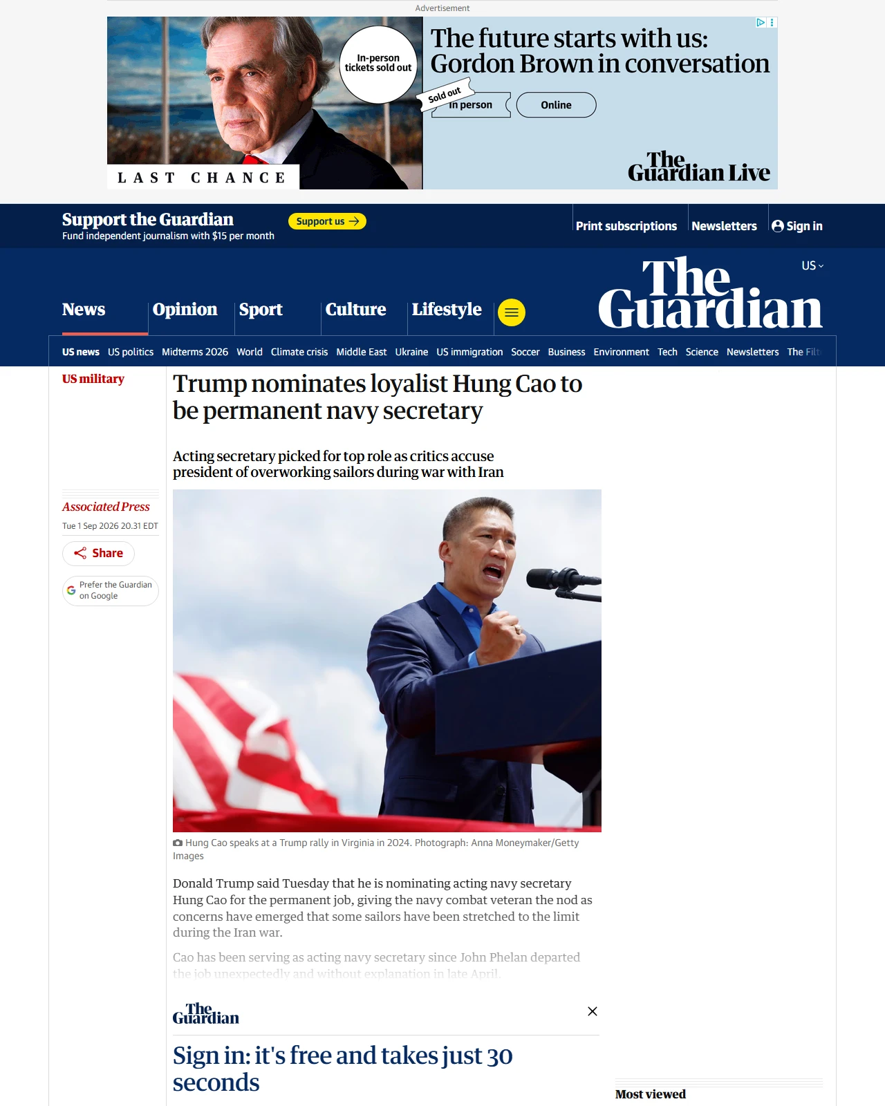 theguardian.com as published: Trump nominates loyalist Hung Cao to be permanent navy secretary