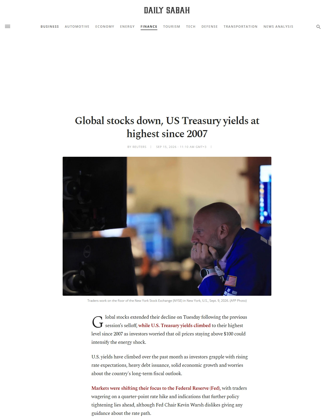 dailysabah.com as published: Global stocks down, US Treasury yields at highest since 2007
