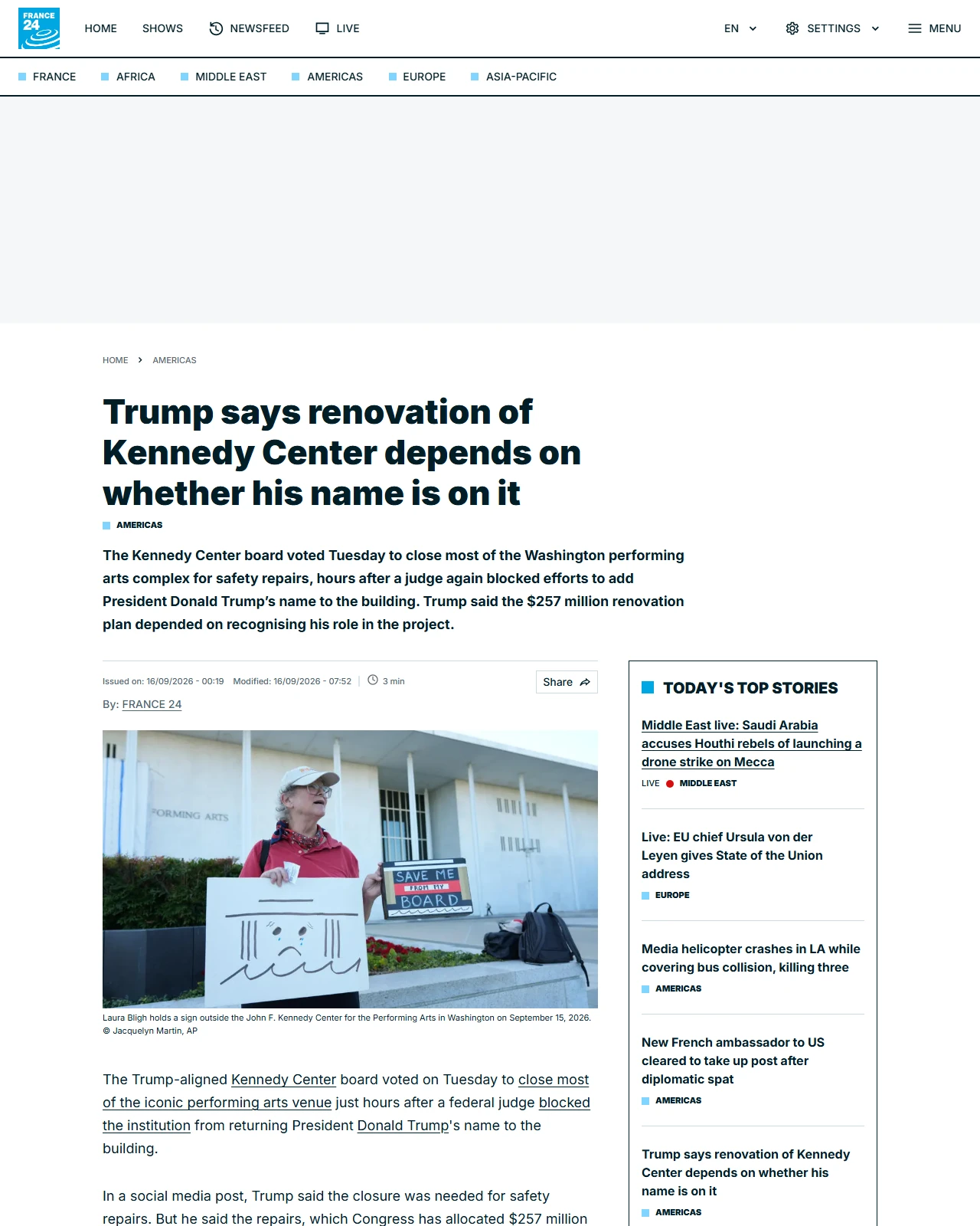 s.france24.com as published: Trump says renovation of Kennedy Center depends on whether his name is on it