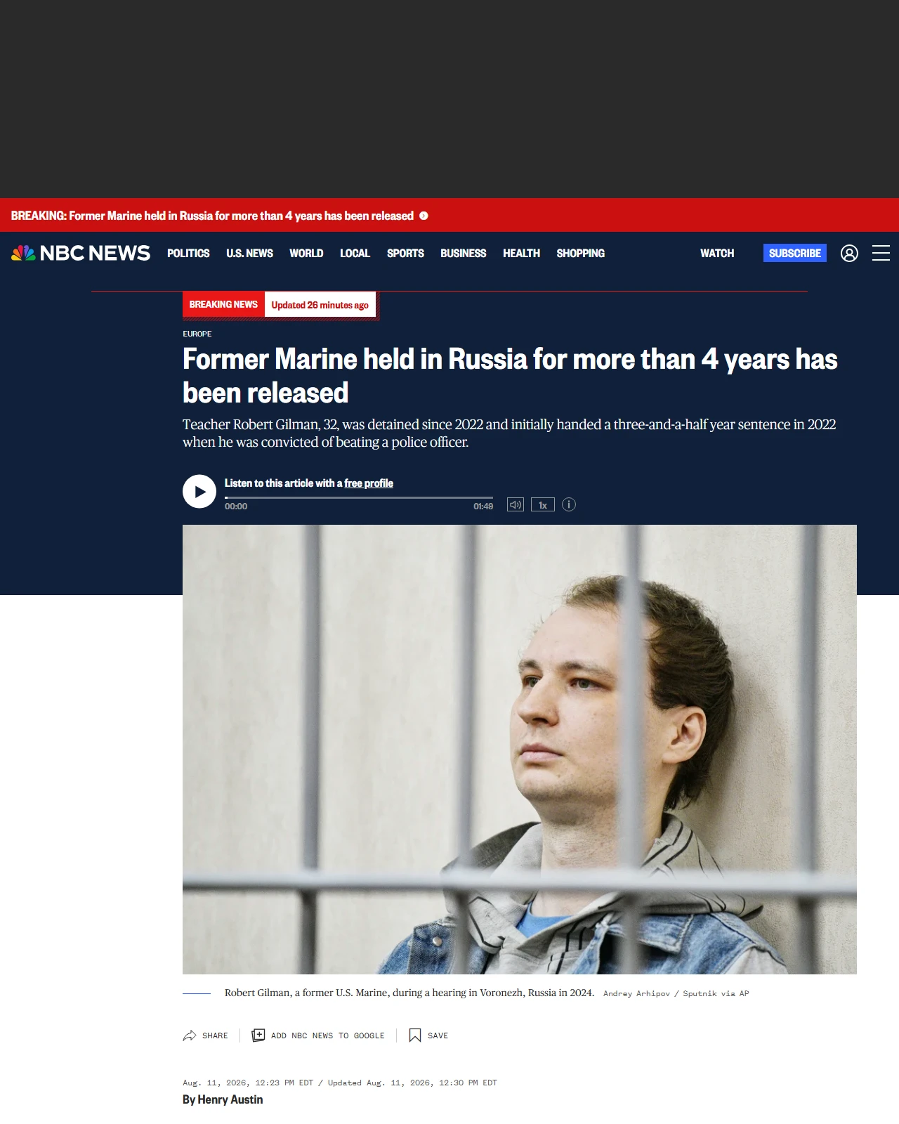 nbcnews.com as published: Former Marine held in Russia for more than 4 years has been released