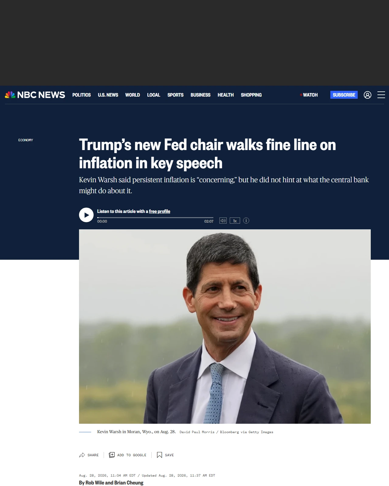 nbcnews.com as published: Trump’s new Fed chair walks fine line on inflation in key speech
