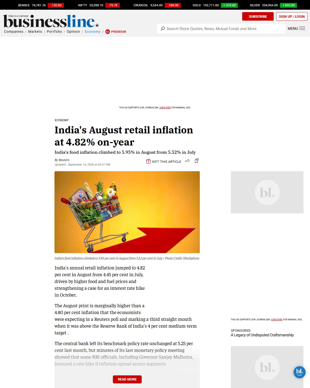 thehindubusinessline.com as published: India's August retail inflation at 4.82% on-year