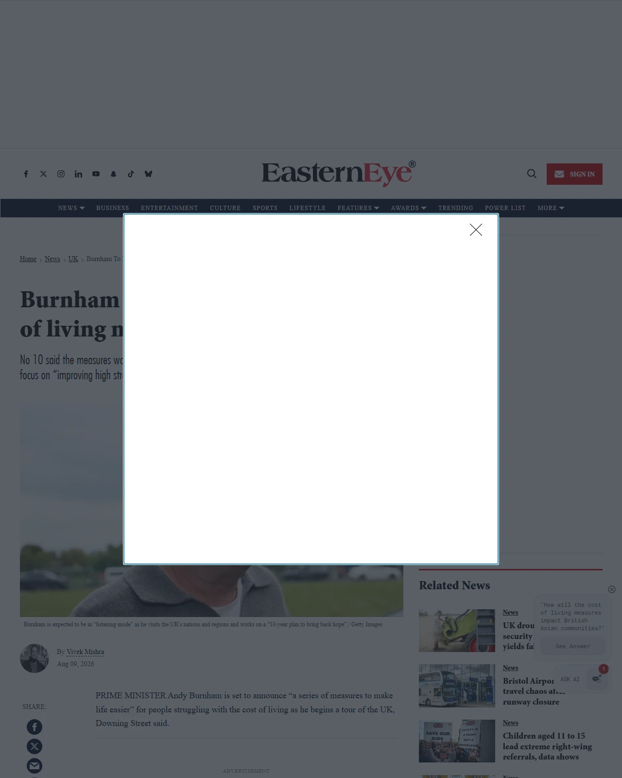 easterneye.biz as published: Burnham to begin UK tour with cost of living measures