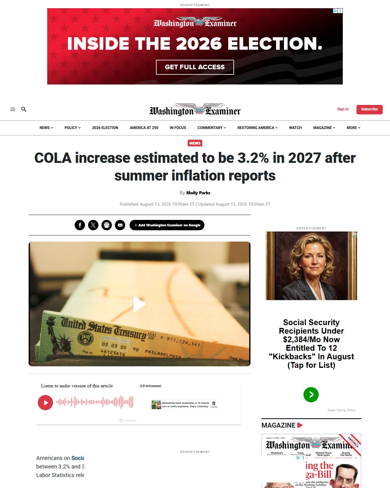 washingtonexaminer.com as published: COLA increase estimated to be 3.2% in 2027 after summer inflation reports