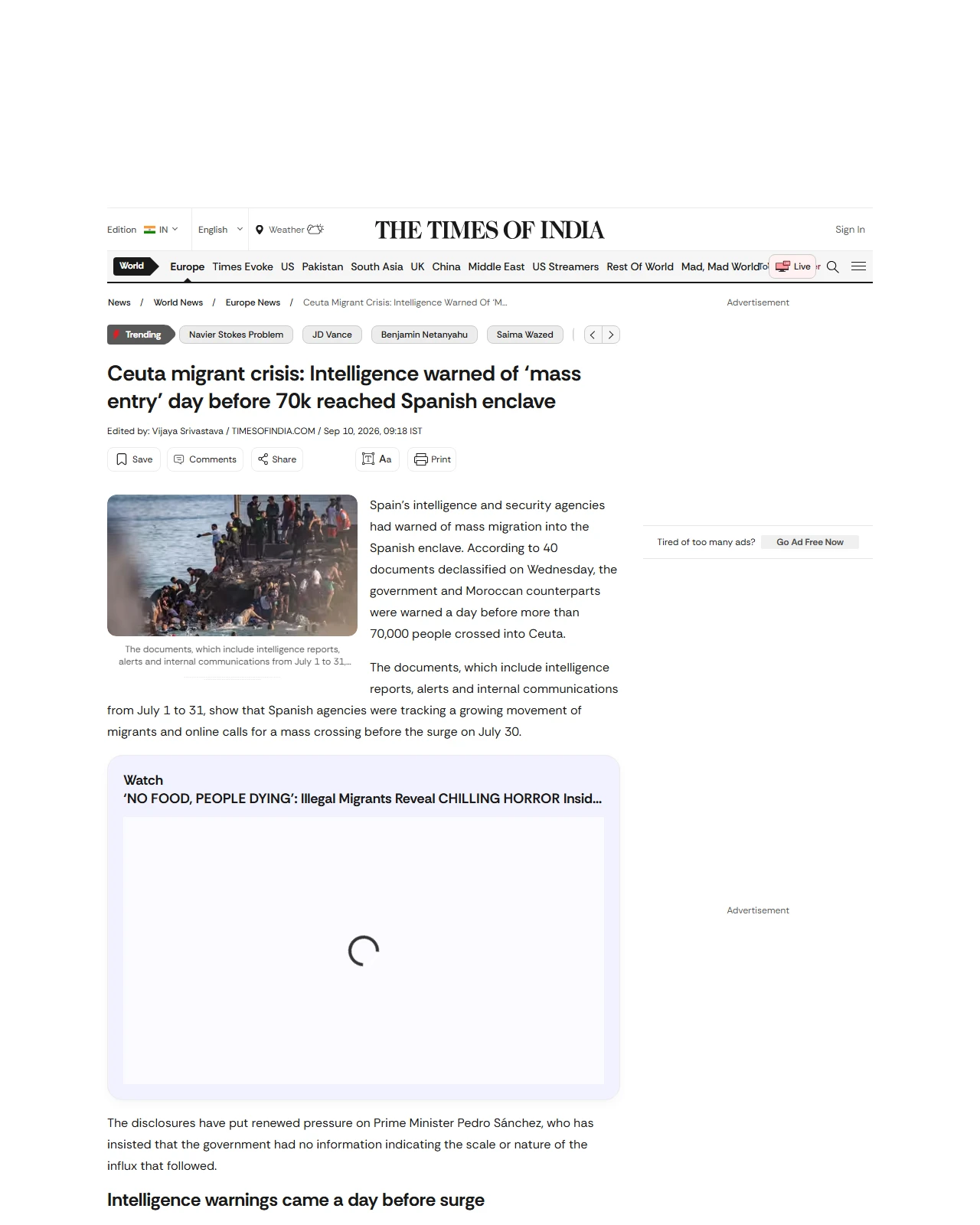 timesofindia.indiatimes.com as published: Ceuta migrant crisis: Intelligence warned of ‘mass entry’ day before 70k reached Spanish enclave