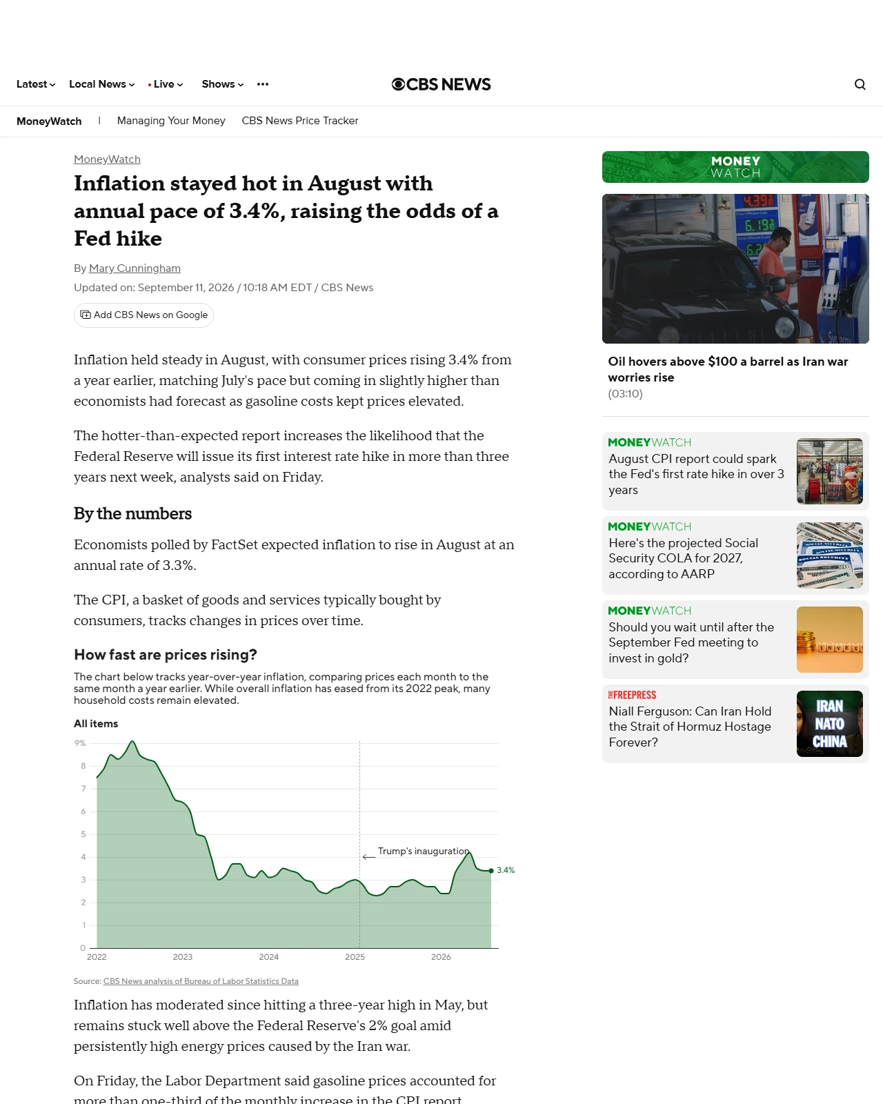 cbsnews.com as published: Inflation stayed hot in August with annual pace of 3.4%, raising the odds of a Fed hike