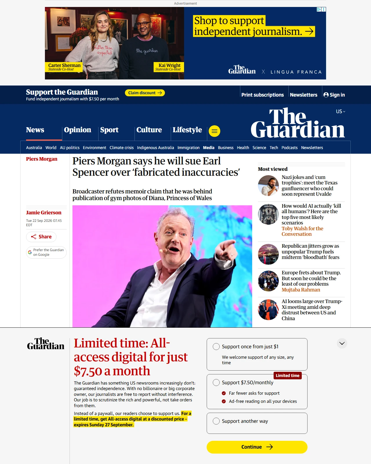 theguardian.com as published: Piers Morgan says he will sue Earl Spencer over ‘fabricated inaccuracies’