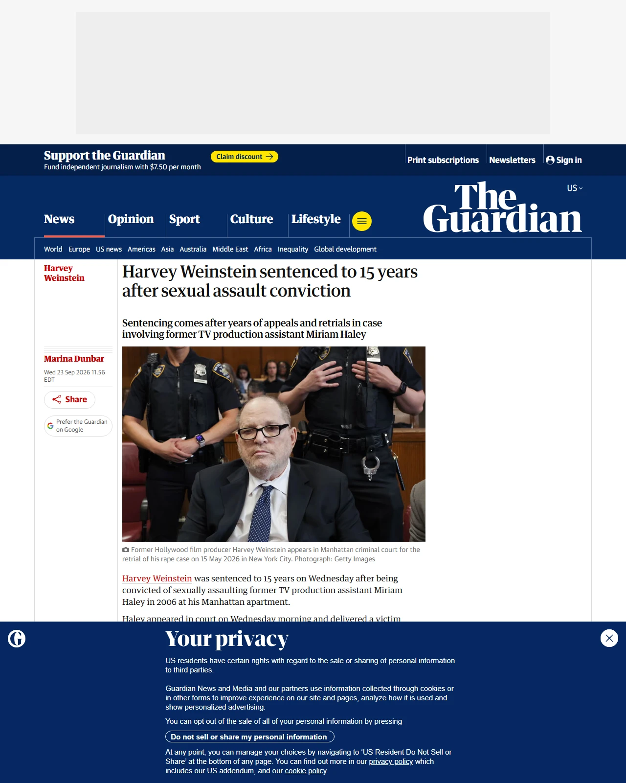 theguardian.com as published: Harvey Weinstein sentenced to 15 years after sexual assault conviction