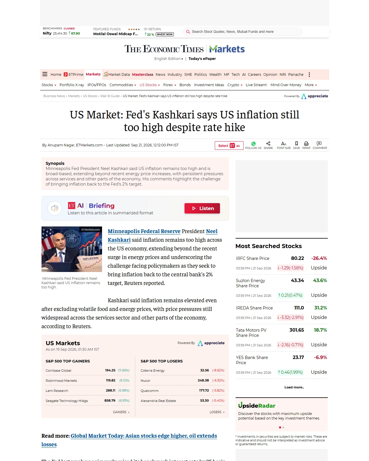 economictimes.com as published: US Market: Fed's Kashkari says US inflation still too high despite rate hike