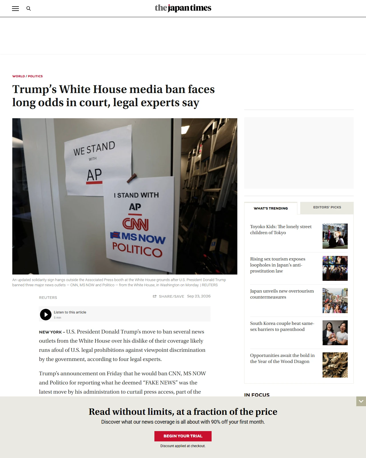 japantimes.co.jp as published: Trump’s White House media ban faces long odds in court, legal experts say
