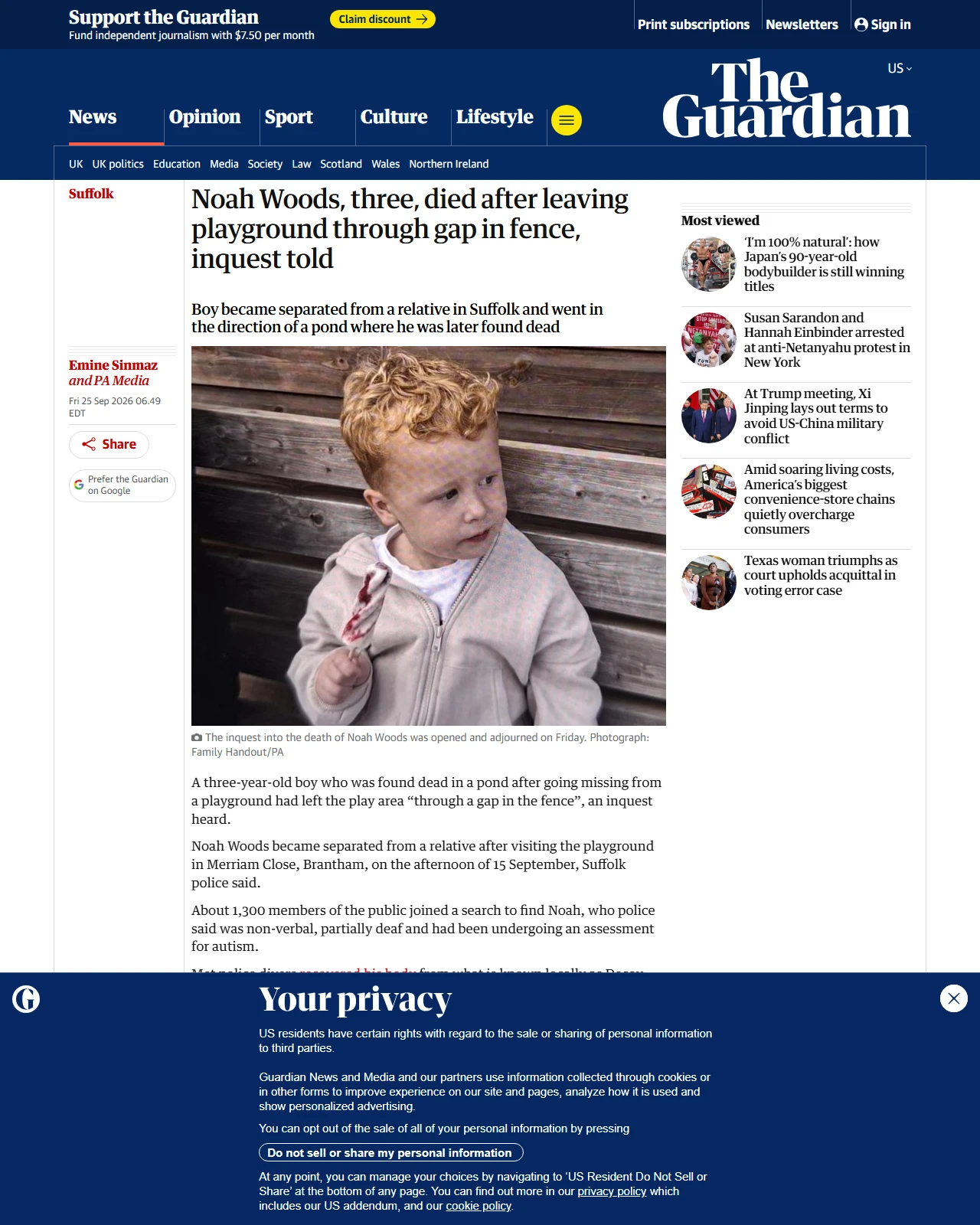 theguardian.com as published: Noah Woods, three, died after leaving playground through gap in fence, inquest told