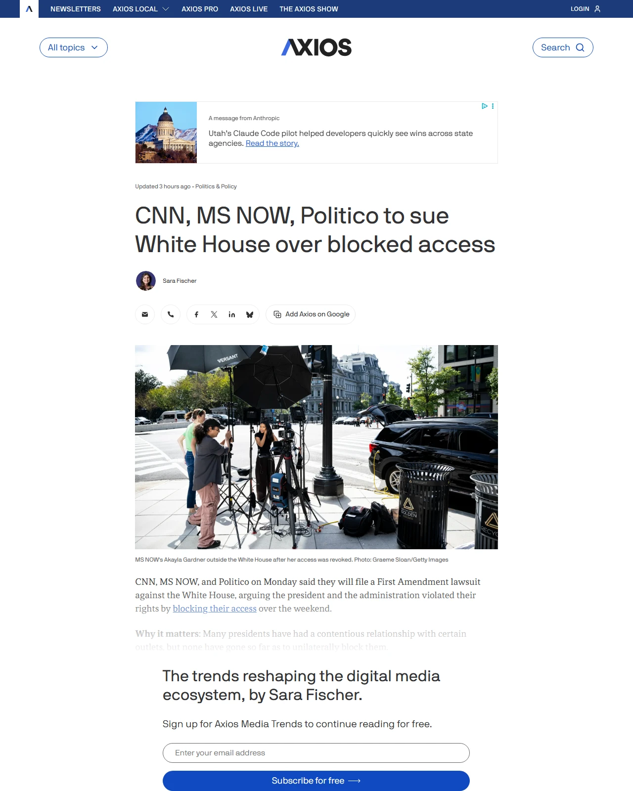 axios.com as published: CNN, MS NOW, Politico sues White House over blocked access