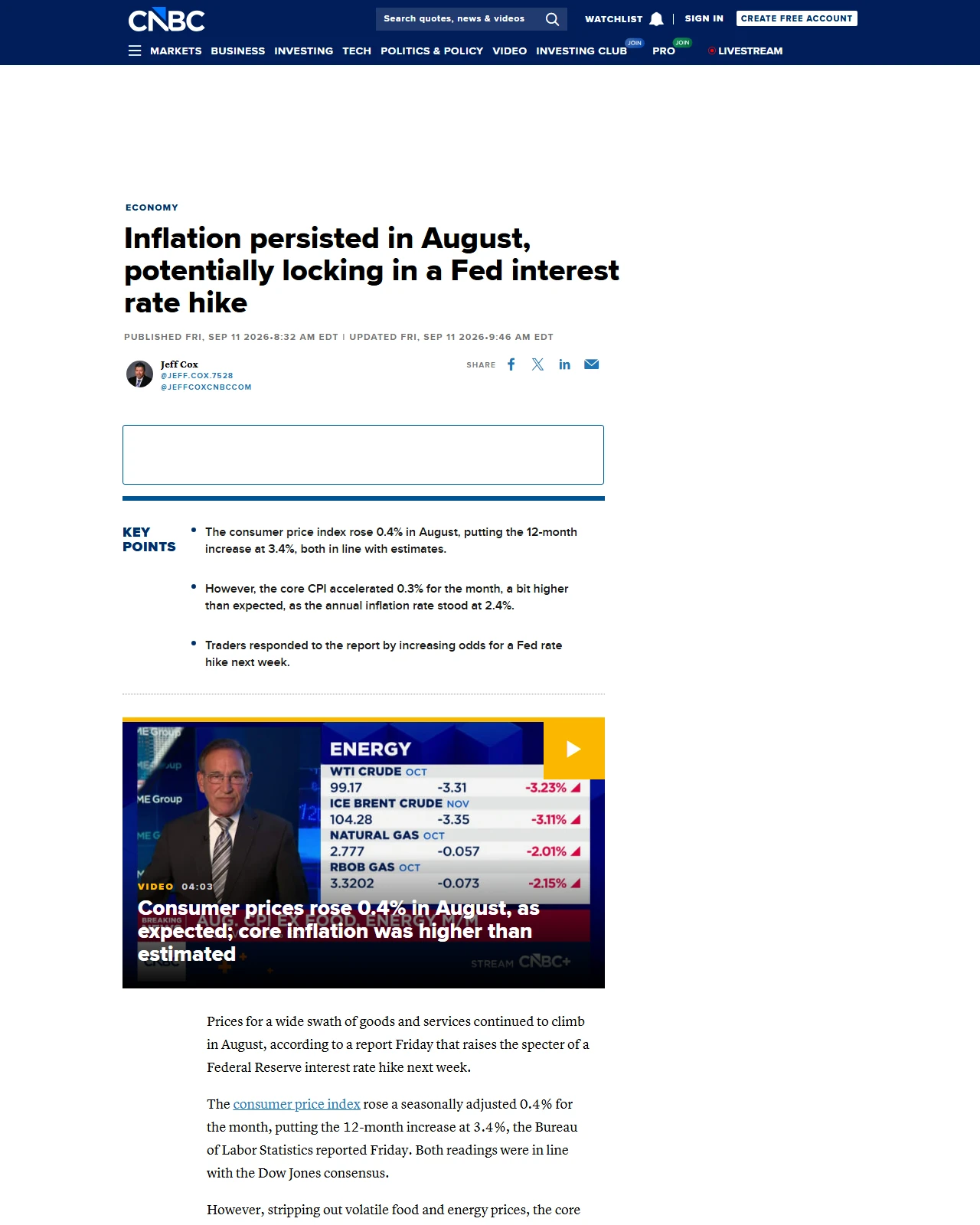 cnbc.com as published: Inflation persisted in August, potentially locking in a Fed interest rate hike