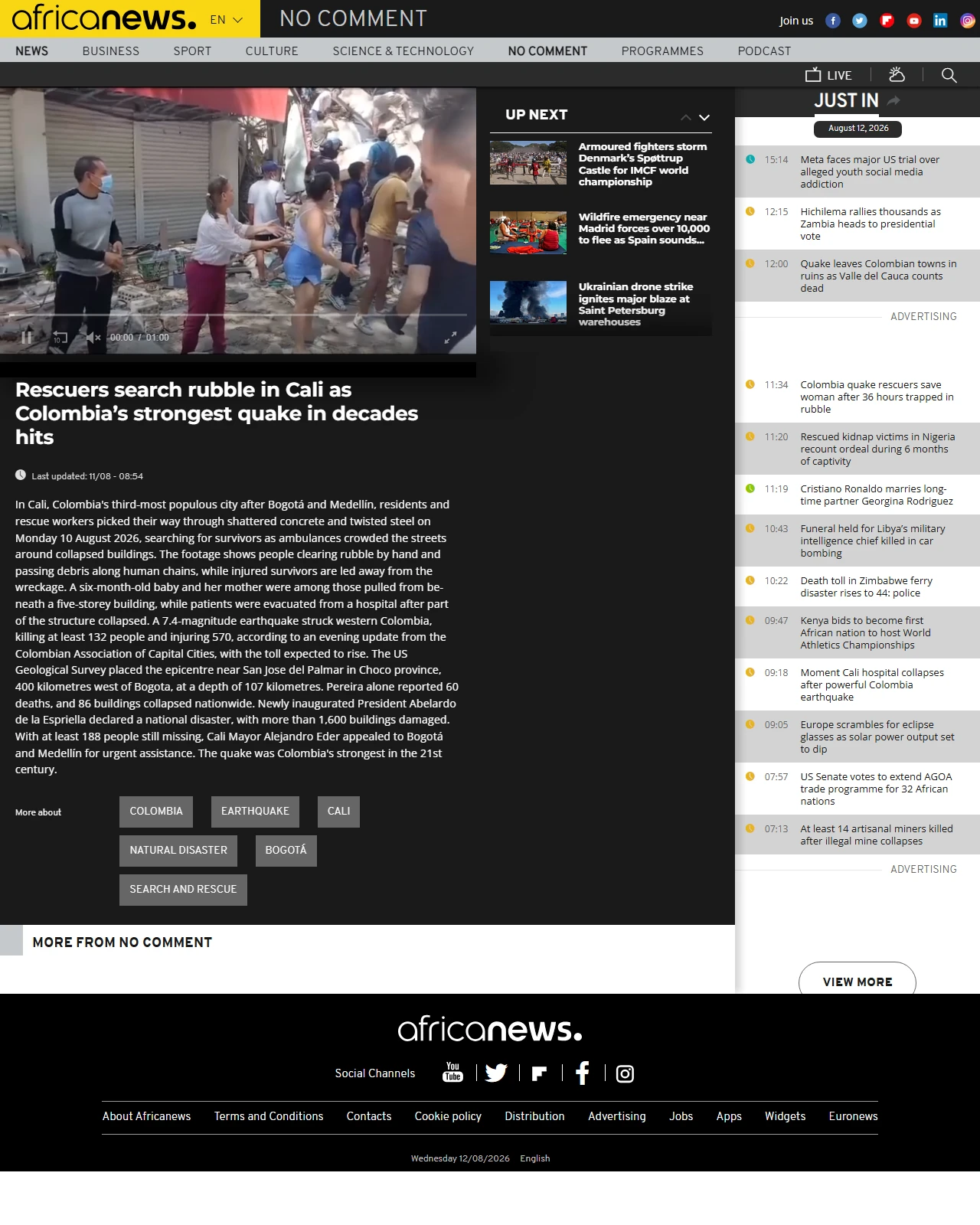 africanews.com as published: Rescuers search rubble in Cali as Colombia’s strongest quake in decades hits
