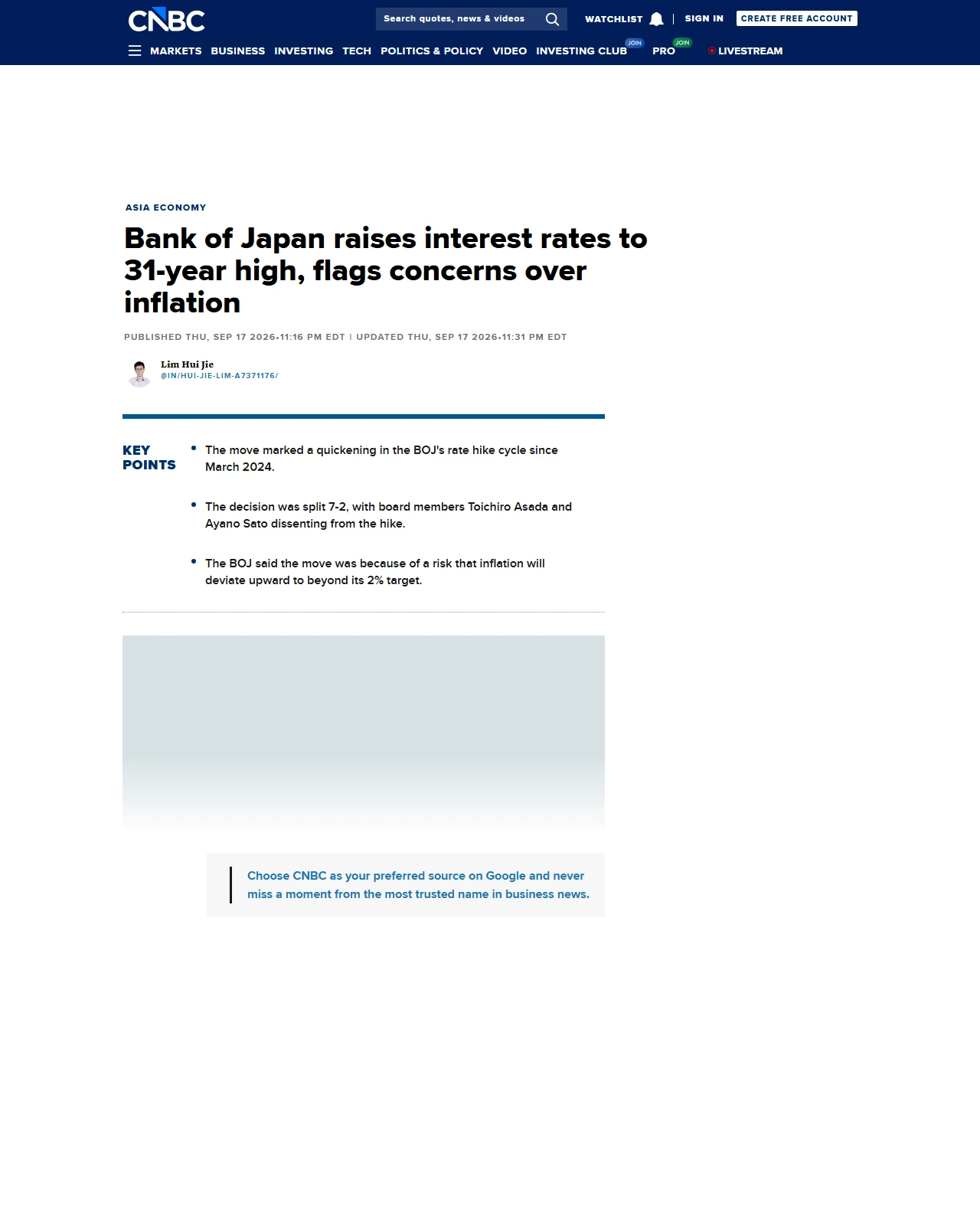 cnbc.com as published: Bank of Japan raises interest rates to 31-year high, flags concerns over inflation
