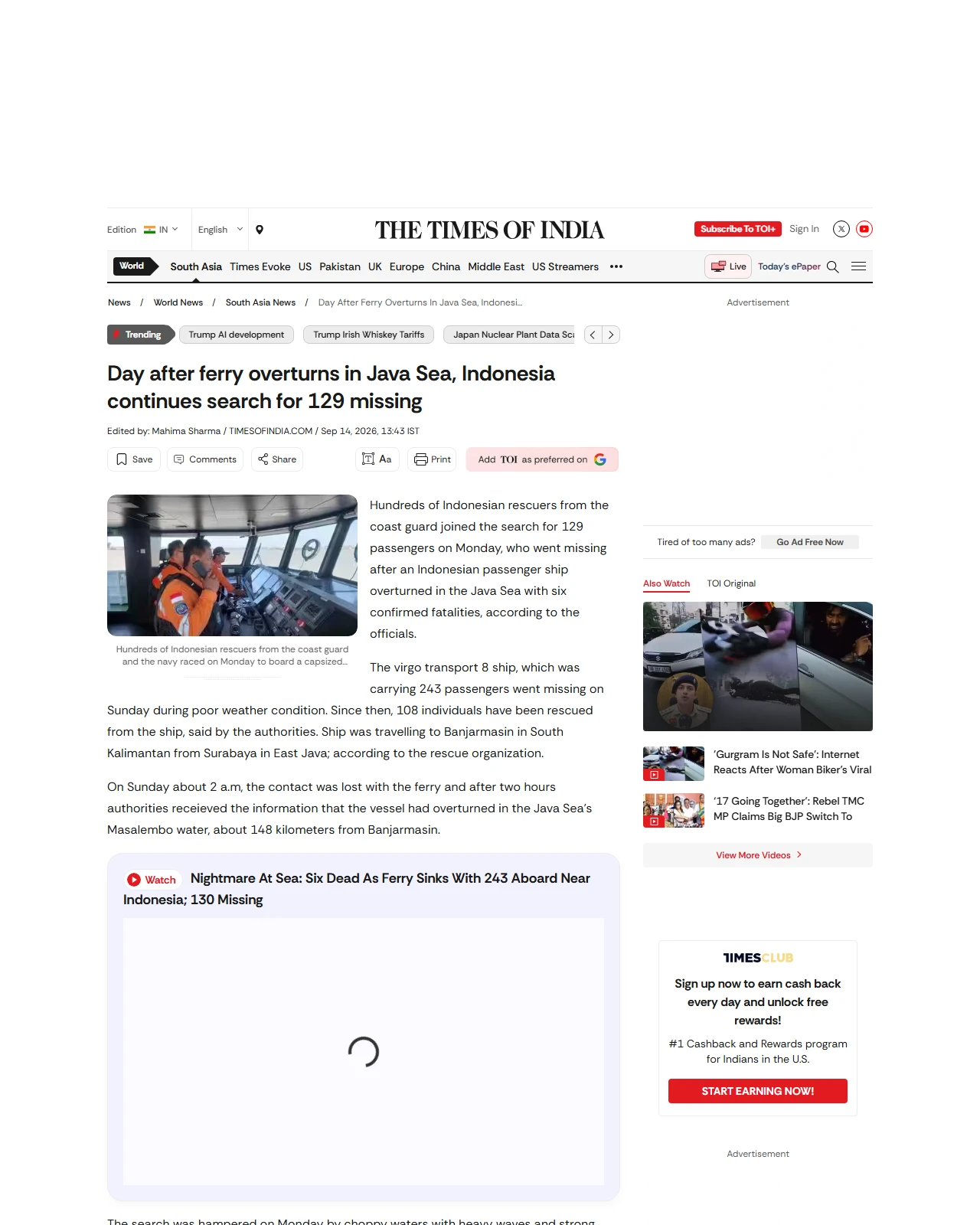 timesofindia.indiatimes.com as published: Day after ferry overturns in Java Sea, Indonesia continues search for 129 missing