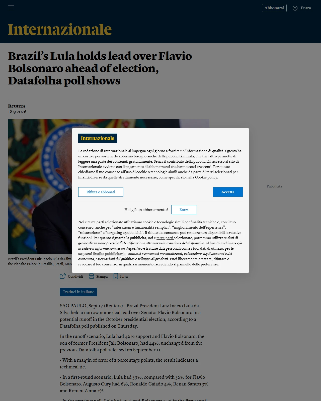 internazionale.it as published: Brazil’s Lula holds lead over Flavio Bolsonaro ahead of election, Datafolha poll shows