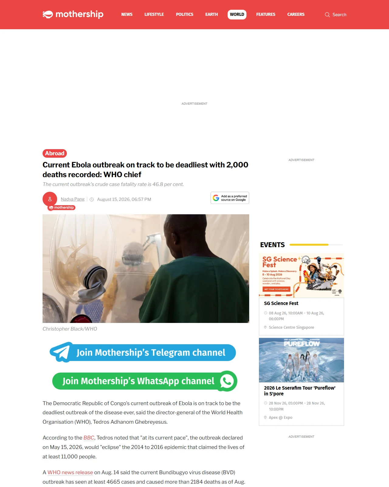 mothership.sg as published: Current Ebola outbreak on track to be deadliest with 2,000 deaths recorded: WHO chief