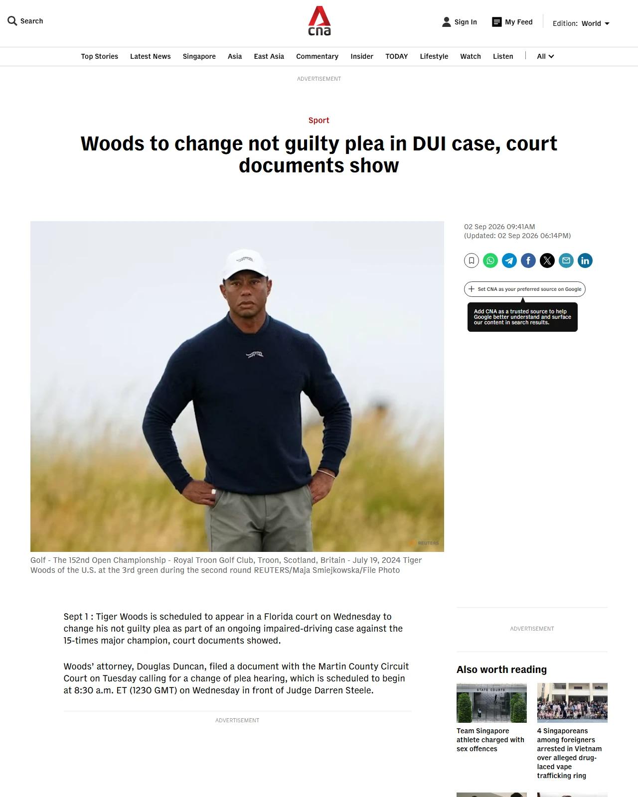channelnewsasia.com as published: Woods to change not guilty plea in DUI case, court documents show