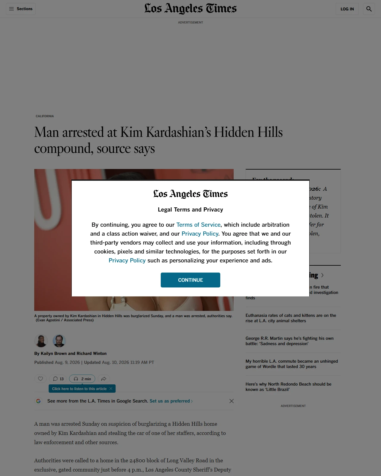 latimes.com as published: Man arrested at Kim Kardashian's Hidden Hills compound, source says