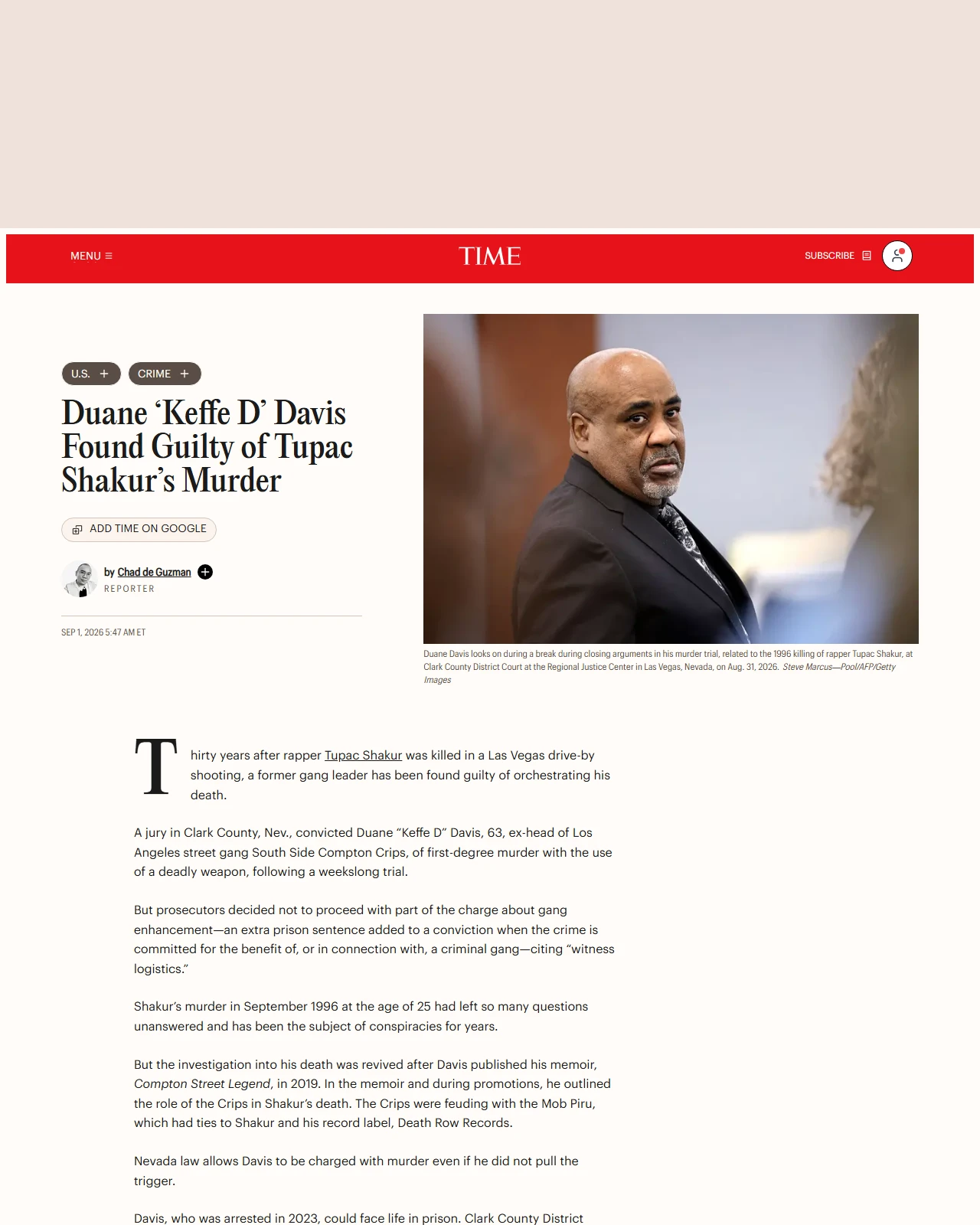 time.com as published: Duane ‘Keffe D’ Davis Found Guilty of Tupac Shakur’s Murder