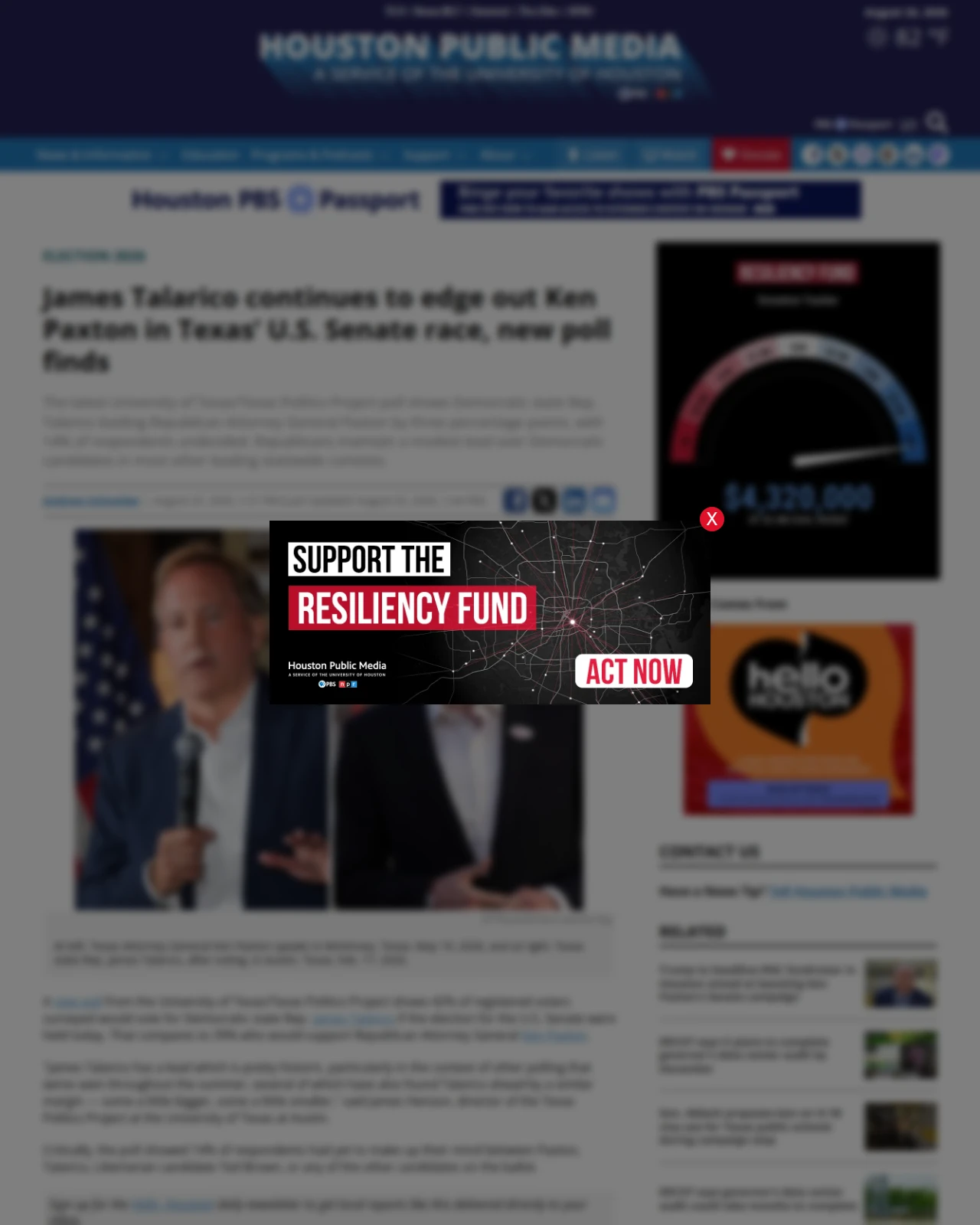 houstonpublicmedia.org as published: James Talarico continues to edge out Ken Paxton in Texas’ U.S. Senate race, new poll finds