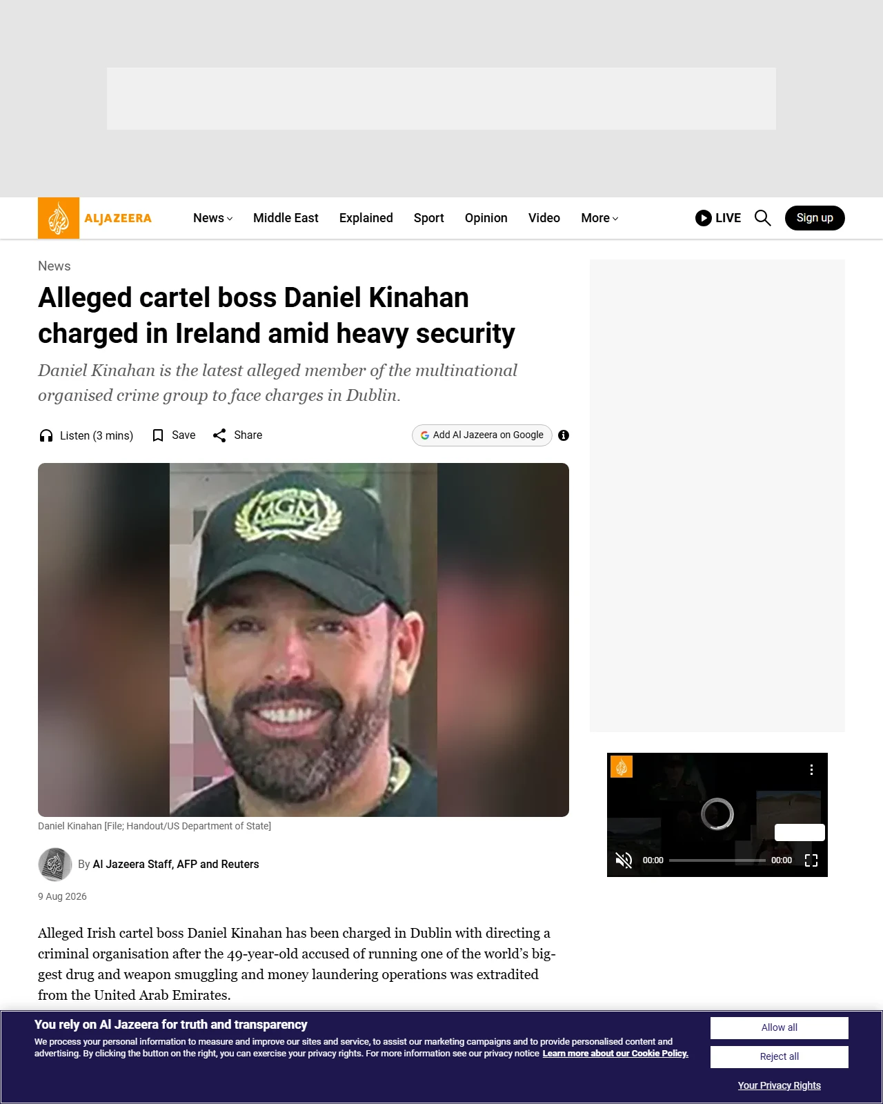 aljazeera.com as published: Alleged cartel boss Daniel Kinahan charged in Ireland amid heavy security
