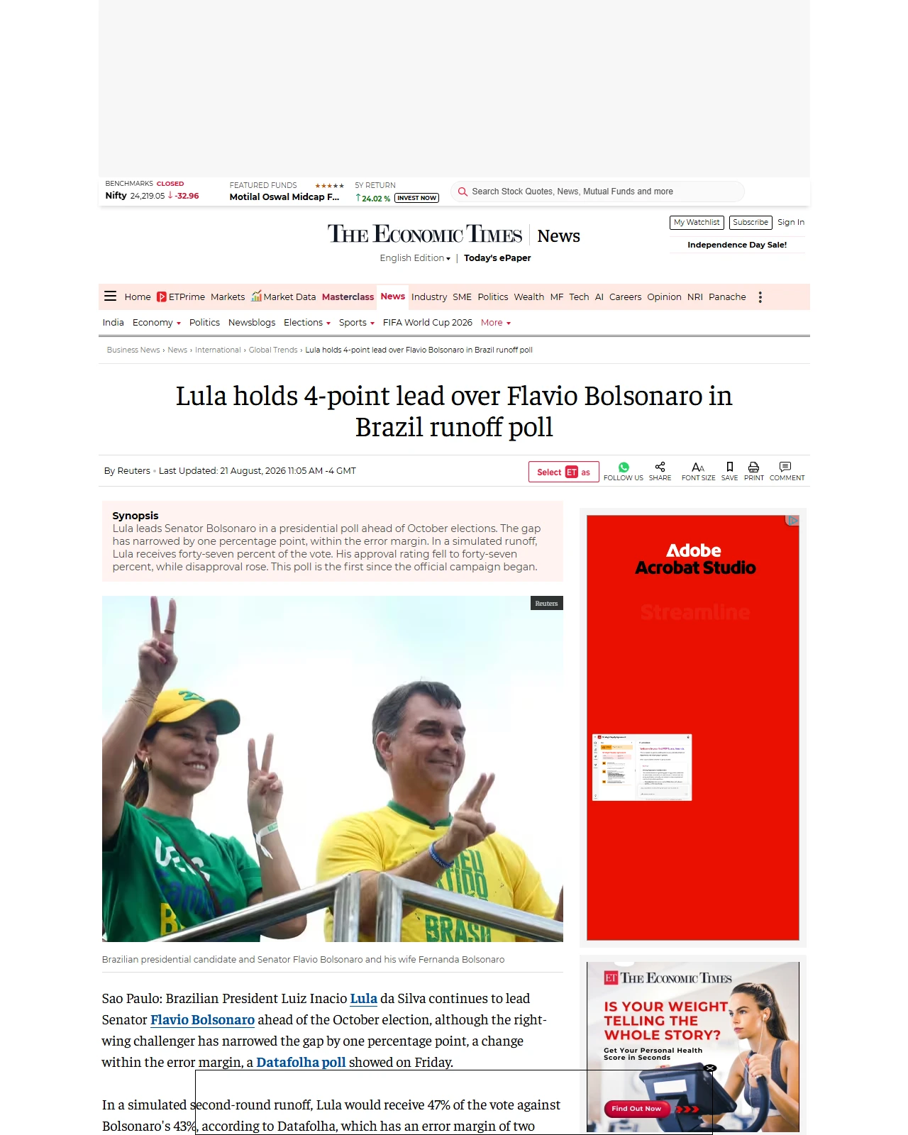 economictimes.com as published: Lula holds 4-point lead over Flavio Bolsonaro in Brazil runoff poll