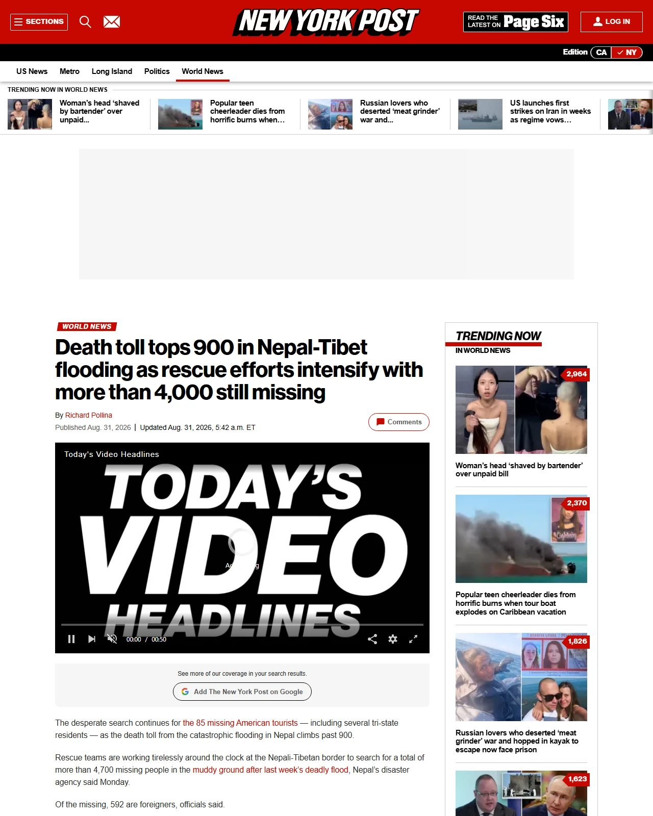 nypost.com as published: Death toll tops 900 in Nepal-Tibet flooding as rescue efforts intensify with more than 4,000 still missing