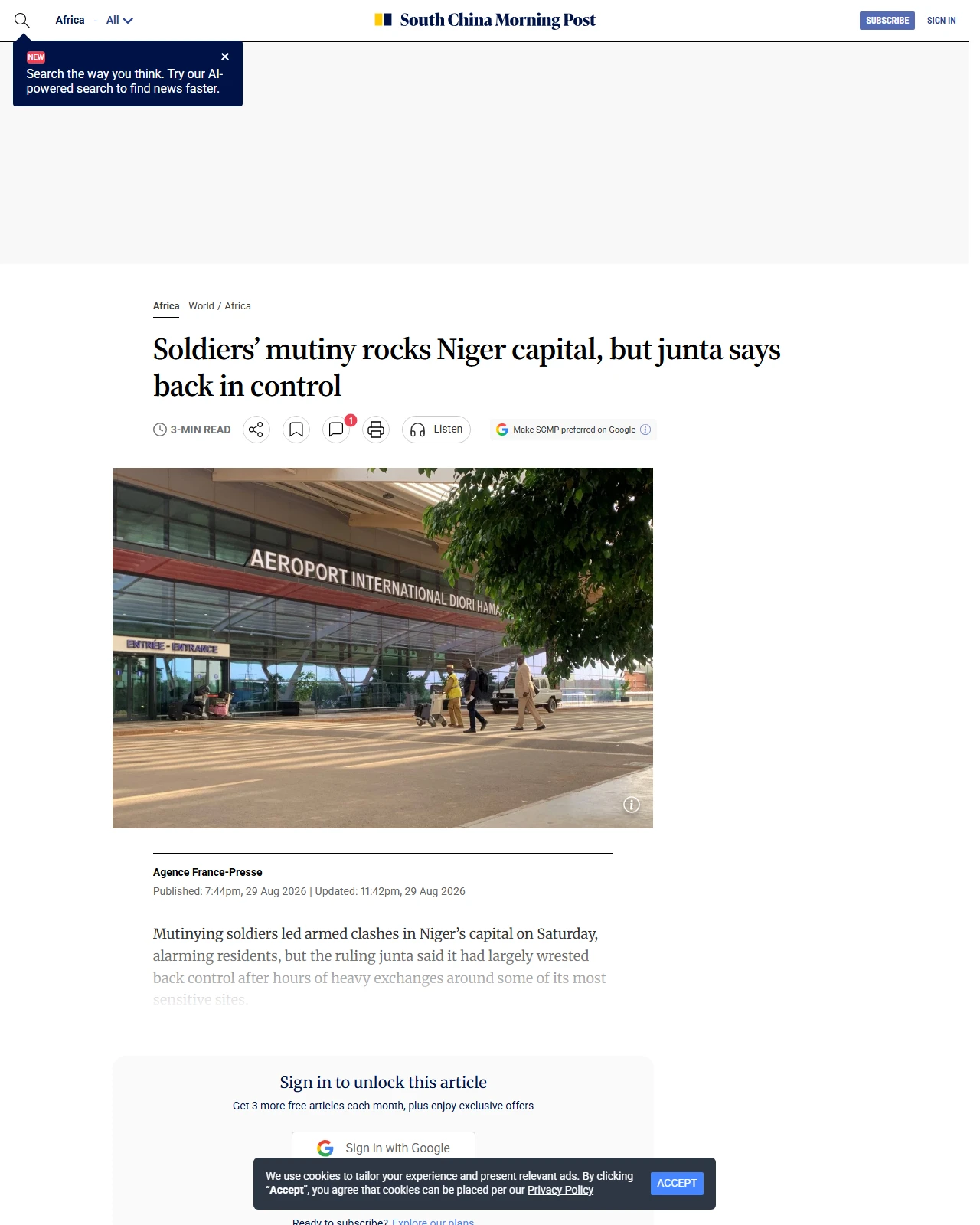 scmp.com as published: Soldiers’ mutiny rocks Niger capital, but junta says back in control
