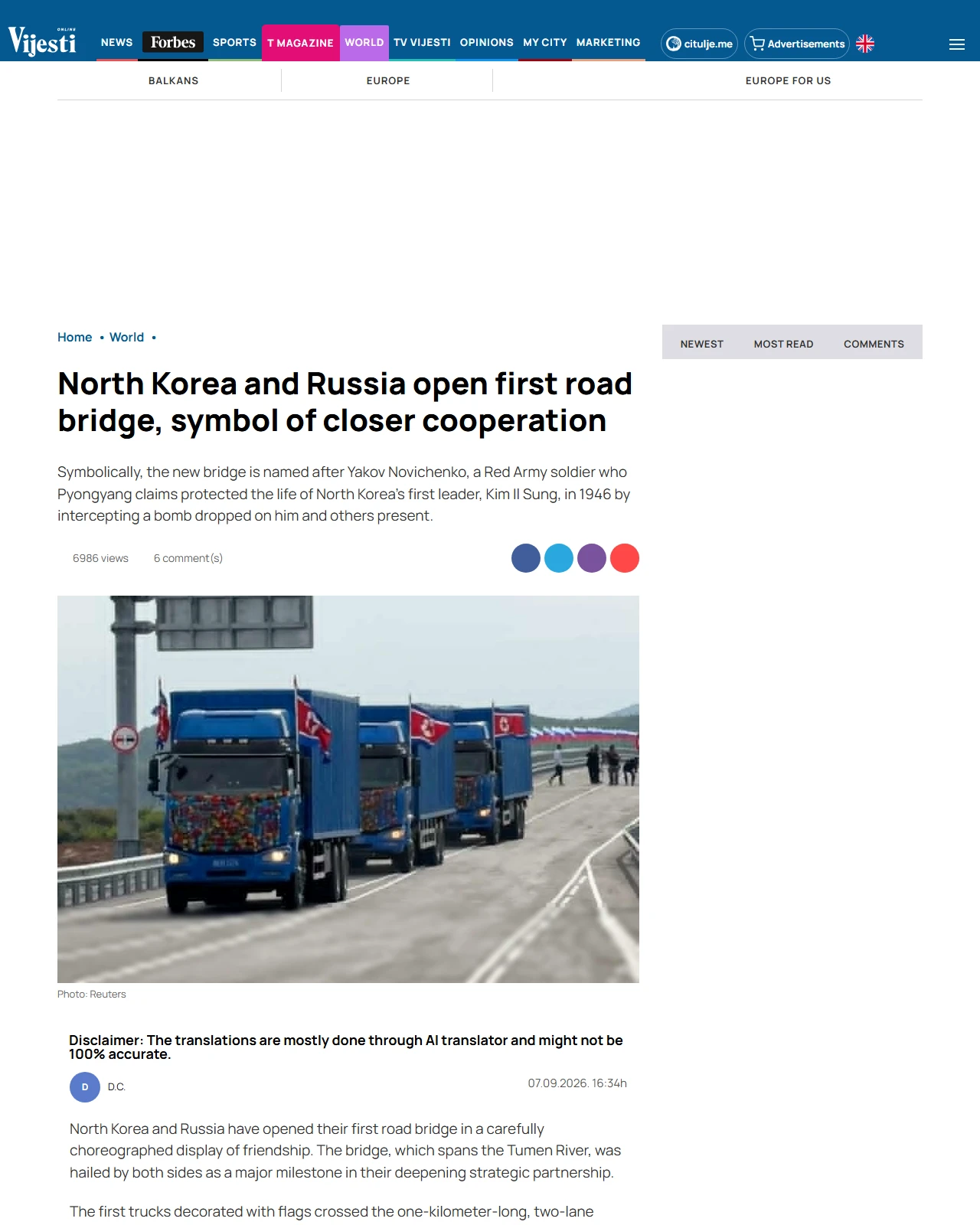 en.vijesti.me as published: North Korea and Russia open first road bridge, symbol of closer cooperation