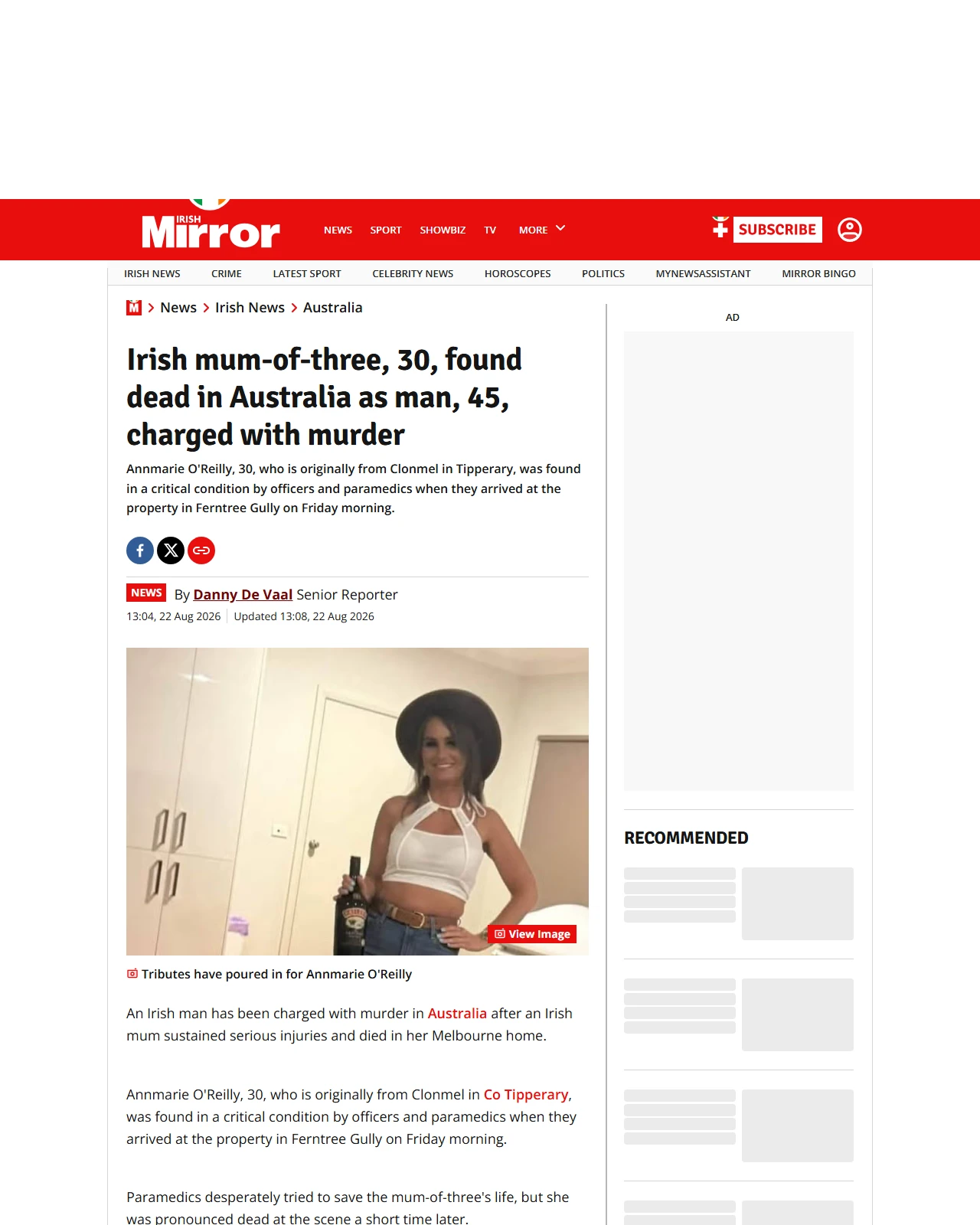 irishmirror.ie as published: Irish mum-of-three, 30, found dead in Australia as man, 45, charged with murder