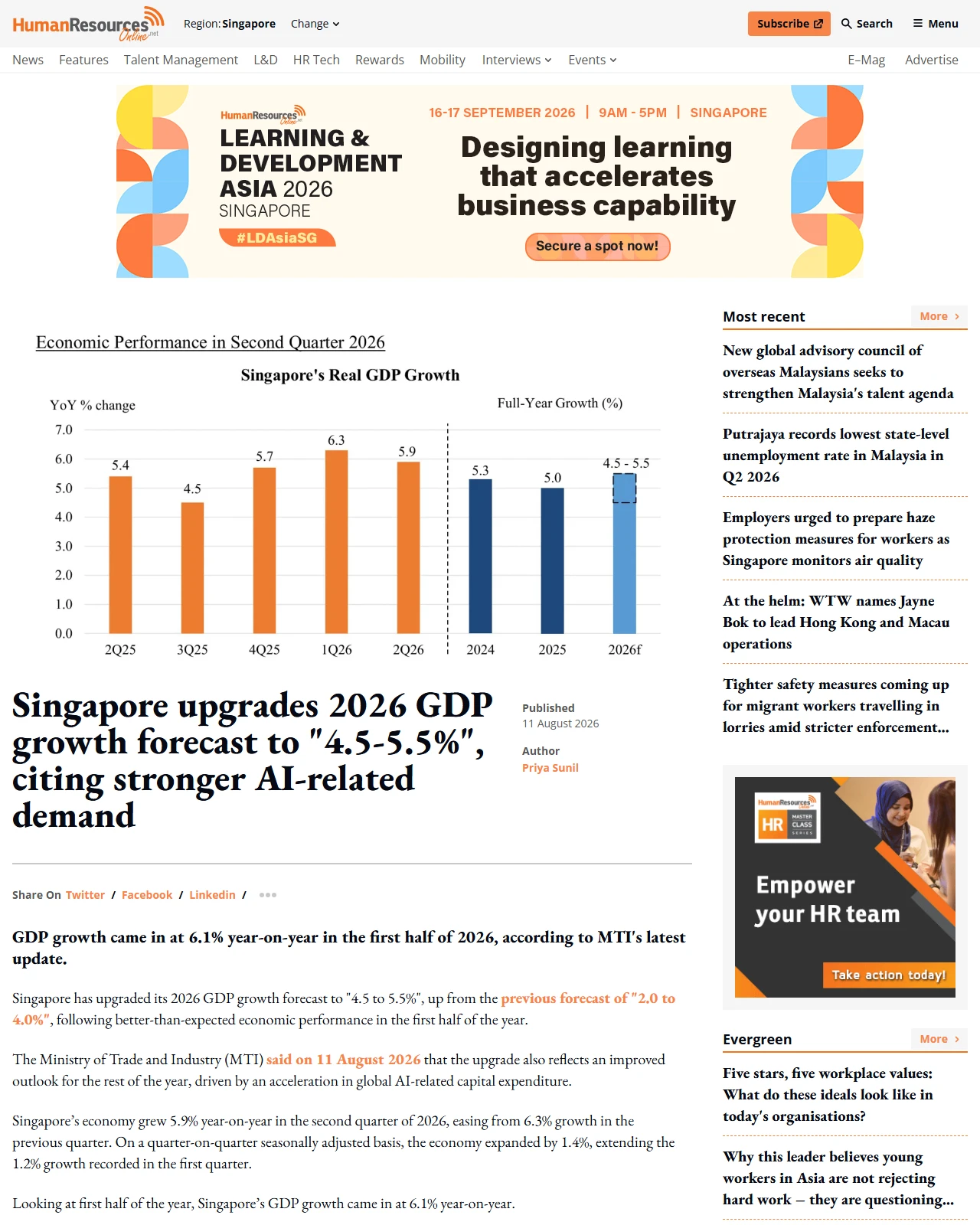 humanresourcesonline.net as published: Singapore upgrades 2026 GDP growth forecast to "4.5-5.5%", citing stronger AI-related demand